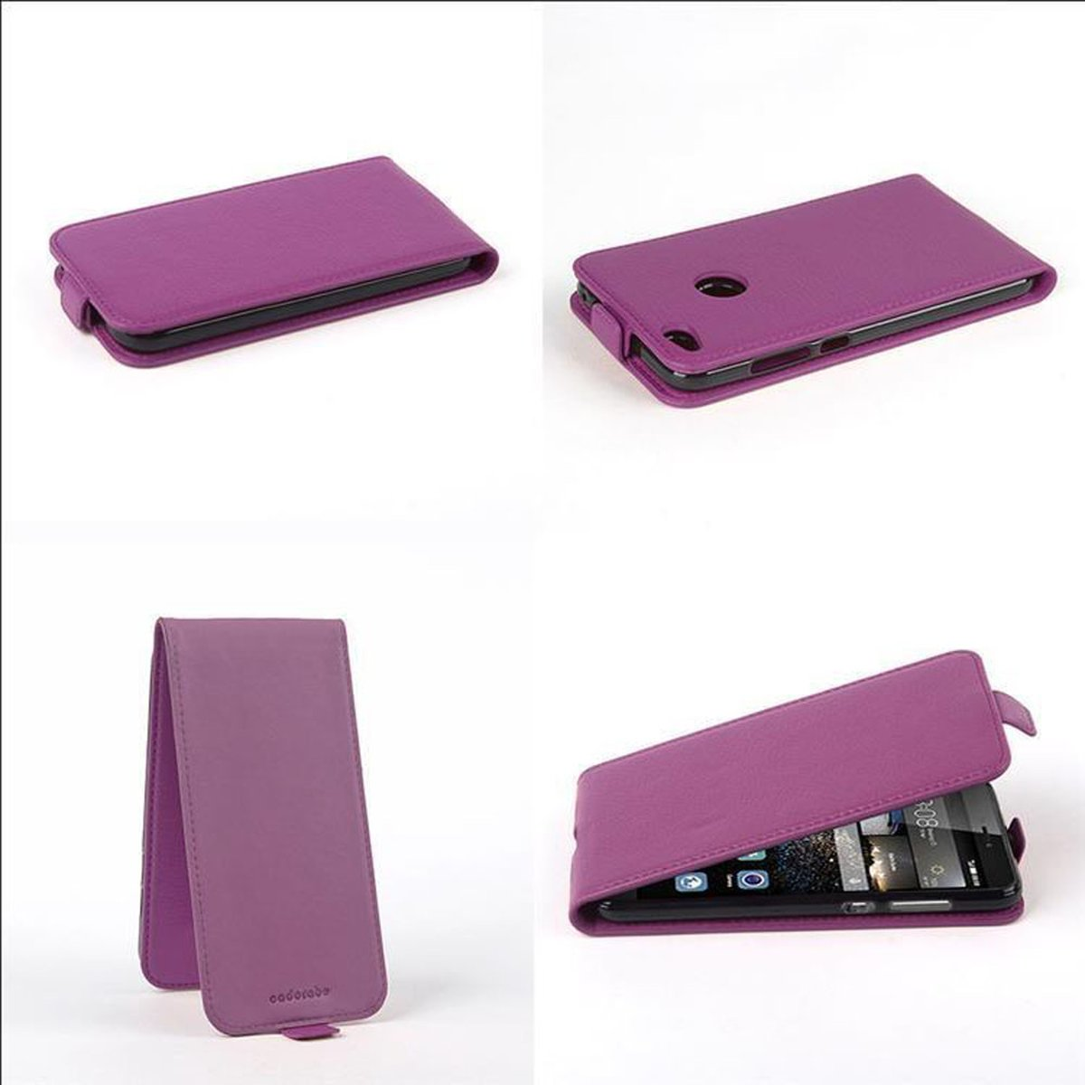 Custodia viola, chiusa e aperta. Telefono visibile all'interno. Vengono mostrate diverse angolazioni della custodia.