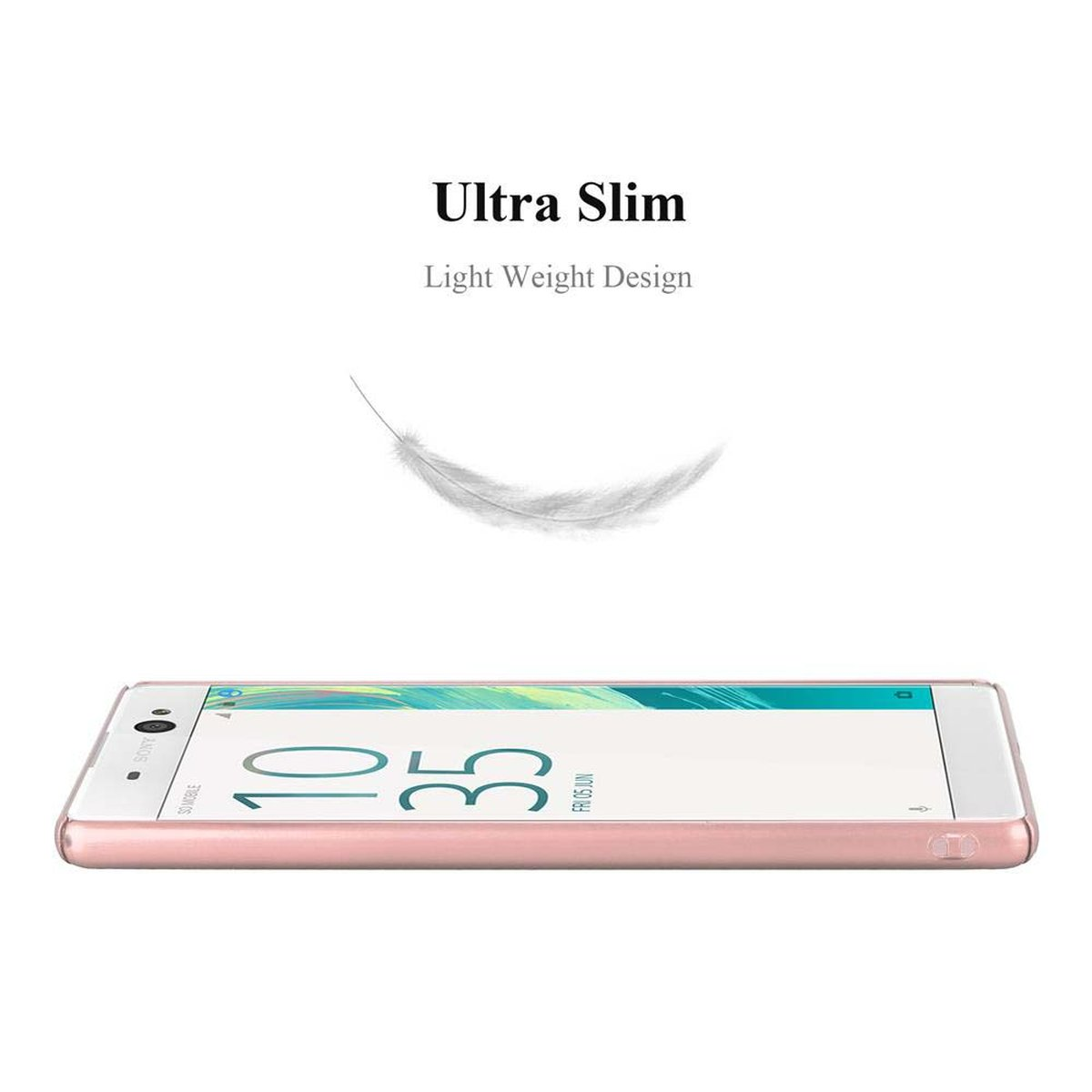 Una custodia rosa per telefono e un telefono. Il testo in alto dice 'Ultra Slim, Light Weight Design'. Viene mostrata una piuma.