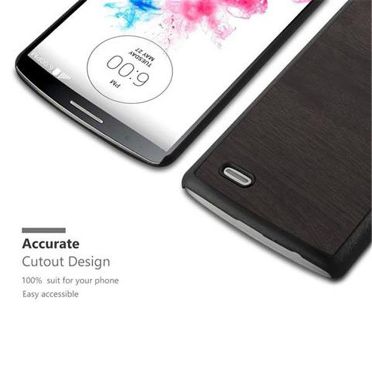Dos teléfonos, uno con pantalla y otro con funda de imitación madera.