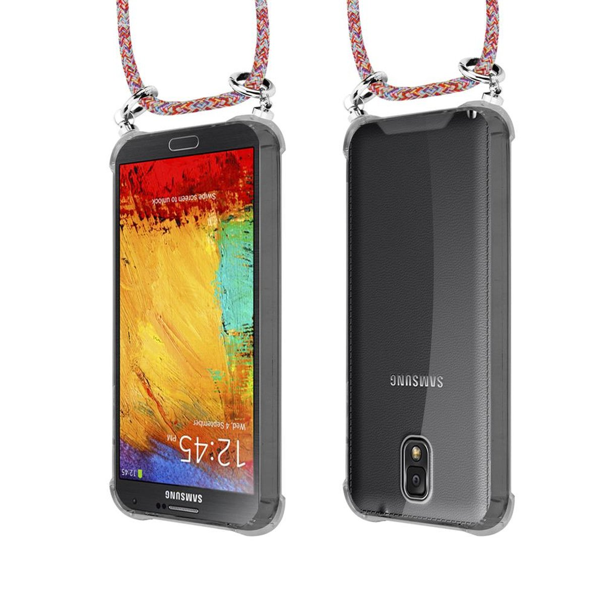 CADORABO Handy Ringen, Kordel Hülle, NOTE abnehmbarer Kette Samsung, PARROT mit Backcover, Band COLORFUL und Silber 3, Galaxy