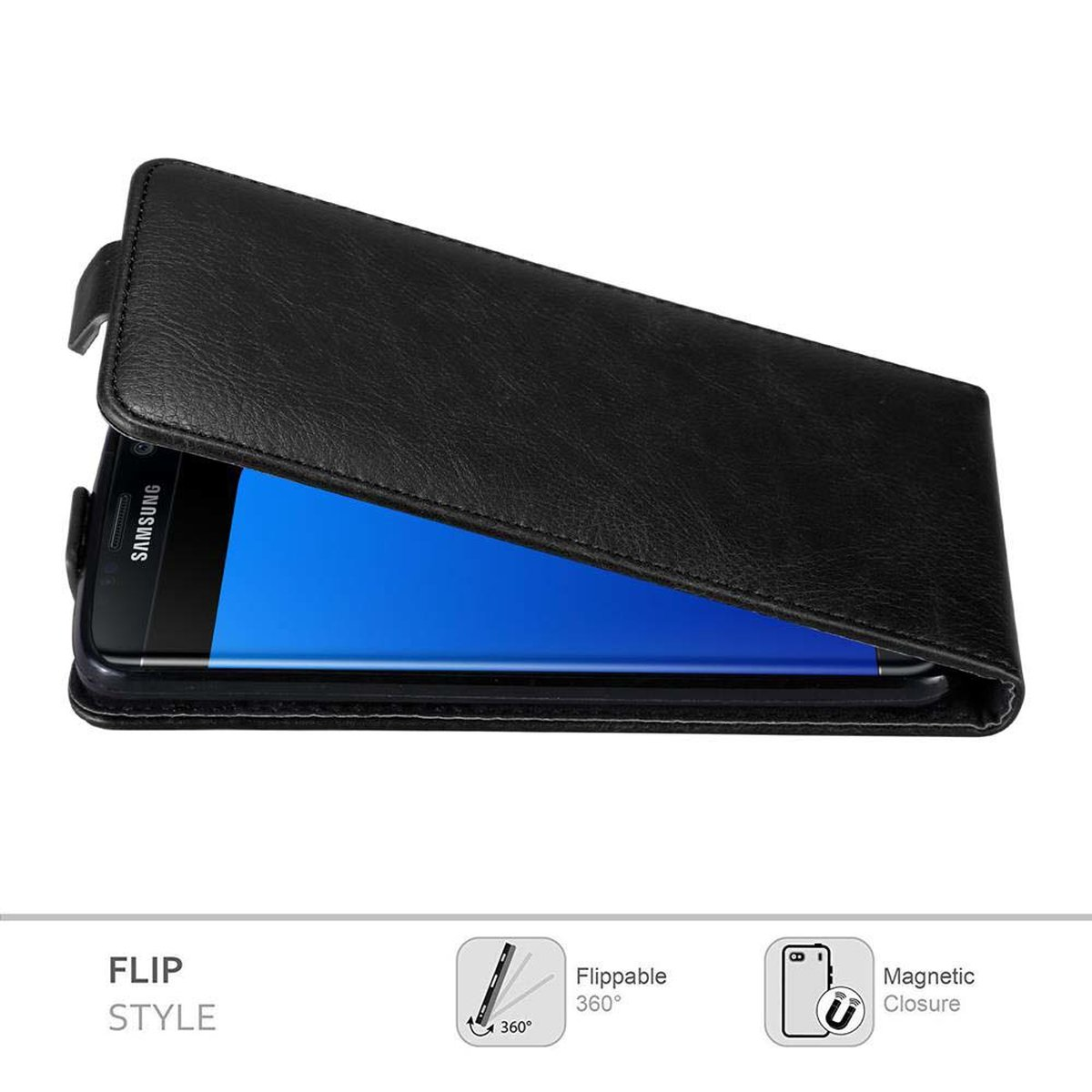 Schwarze Leder-Klapphandyhülle mit Telefon darin.
