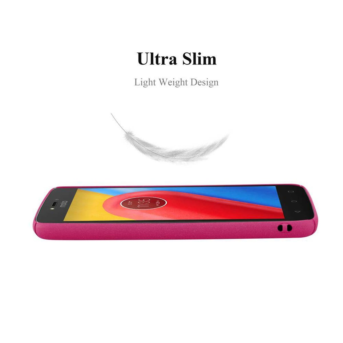 Custodia rosa per telefono con telefono. Sfondo bianco con piuma fluttuante sopra.