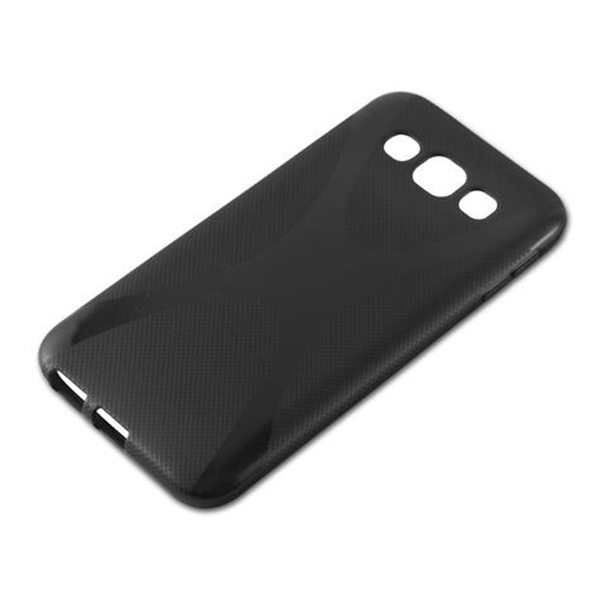 Funda negra para teléfono. Rectangular con esquinas redondeadas, tres recortes para cámara y textura.