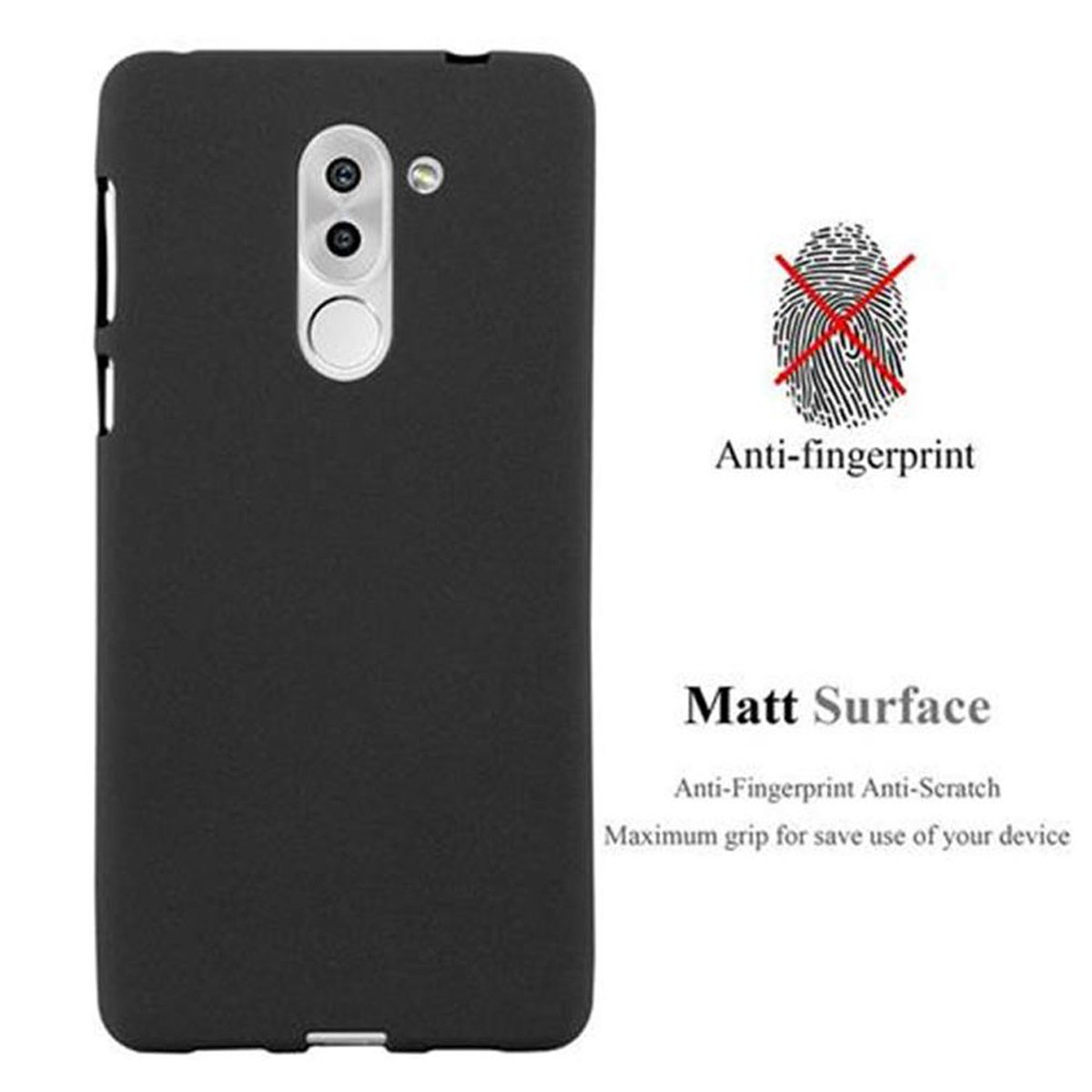 Custodia per telefono nera con ritaglio per fotocamera. Testo anti-impronte e simbolo dell'impronta.