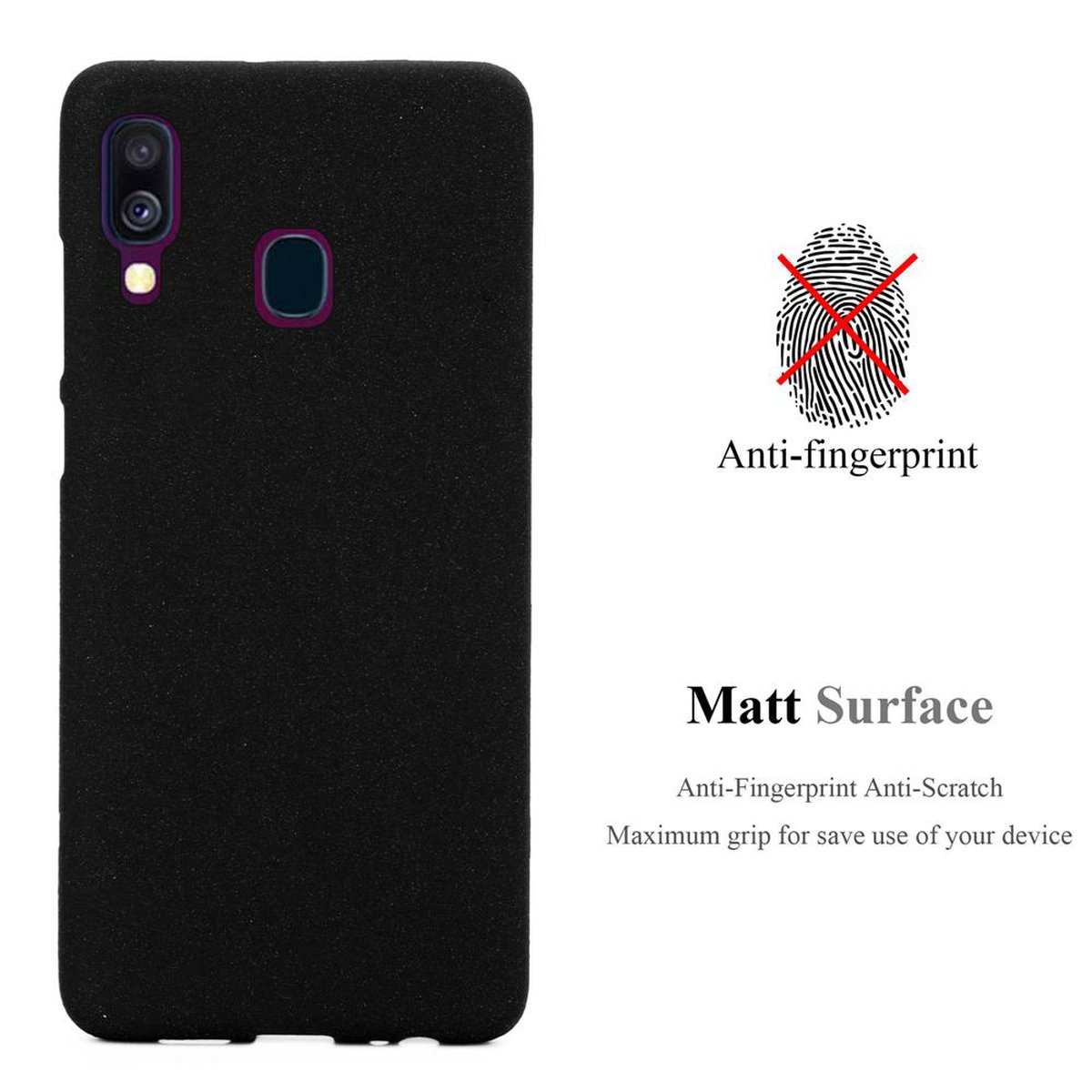 Una custodia per telefono nera con superficie opaca. Anti-impronte digitali è scritto con un simbolo di impronta barrato.