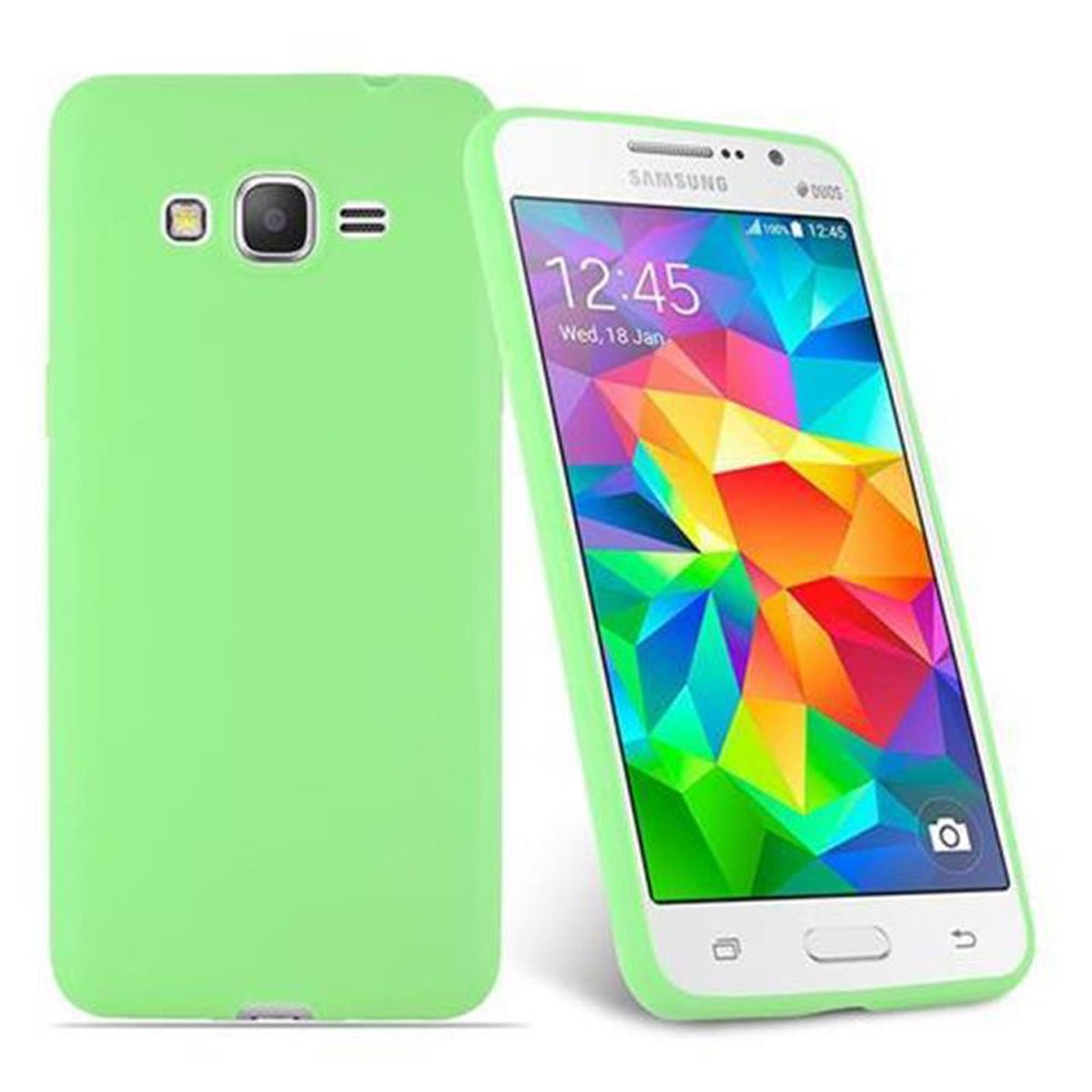 Una custodia verde per telefono e un telefono. Il telefono è bianco con uno schermo colorato. La custodia è verde.