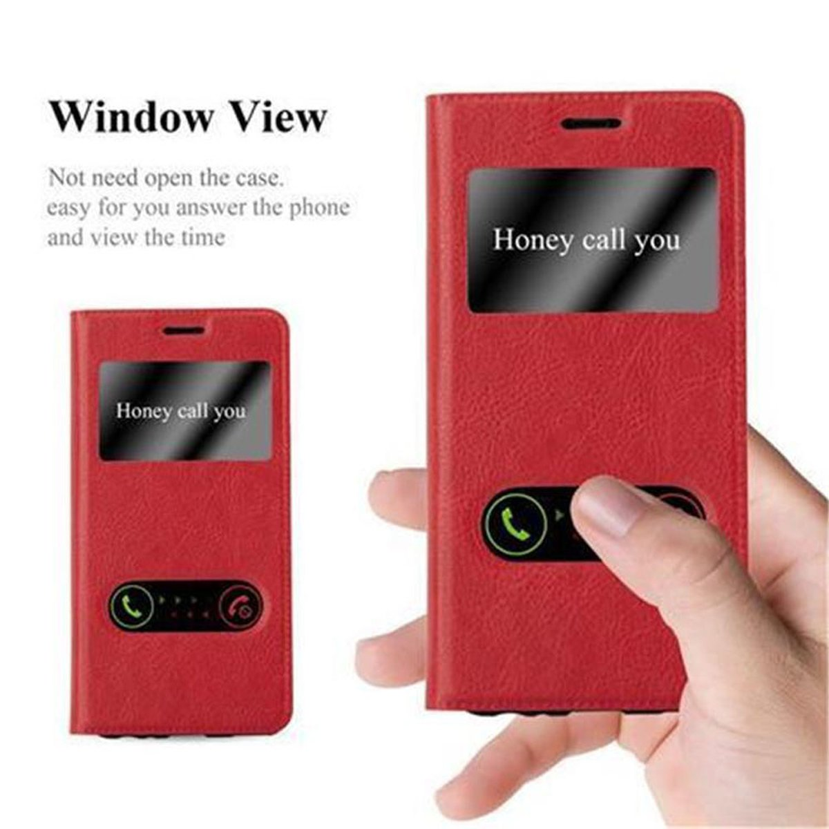 Custodia rossa per telefono con finestra per vedere lo schermo. Il telefono dice: "Honey call you".