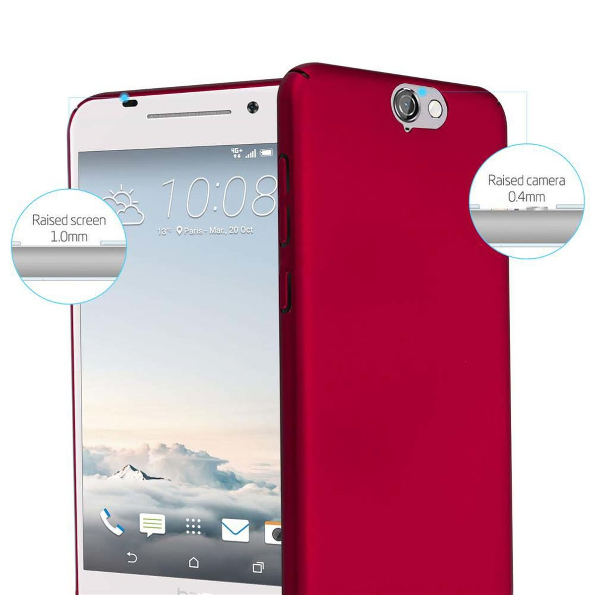 Una custodia rossa per telefono con un telefono sullo sfondo. Il testo dice 'Raised screen' e 'Raised camera'.