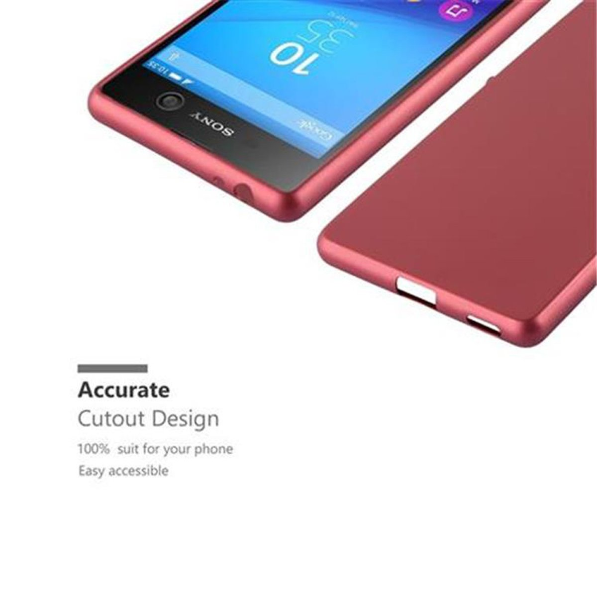 Un telefono rosso con una custodia rossa su una superficie bianca, con testo che dice design ritagliato.