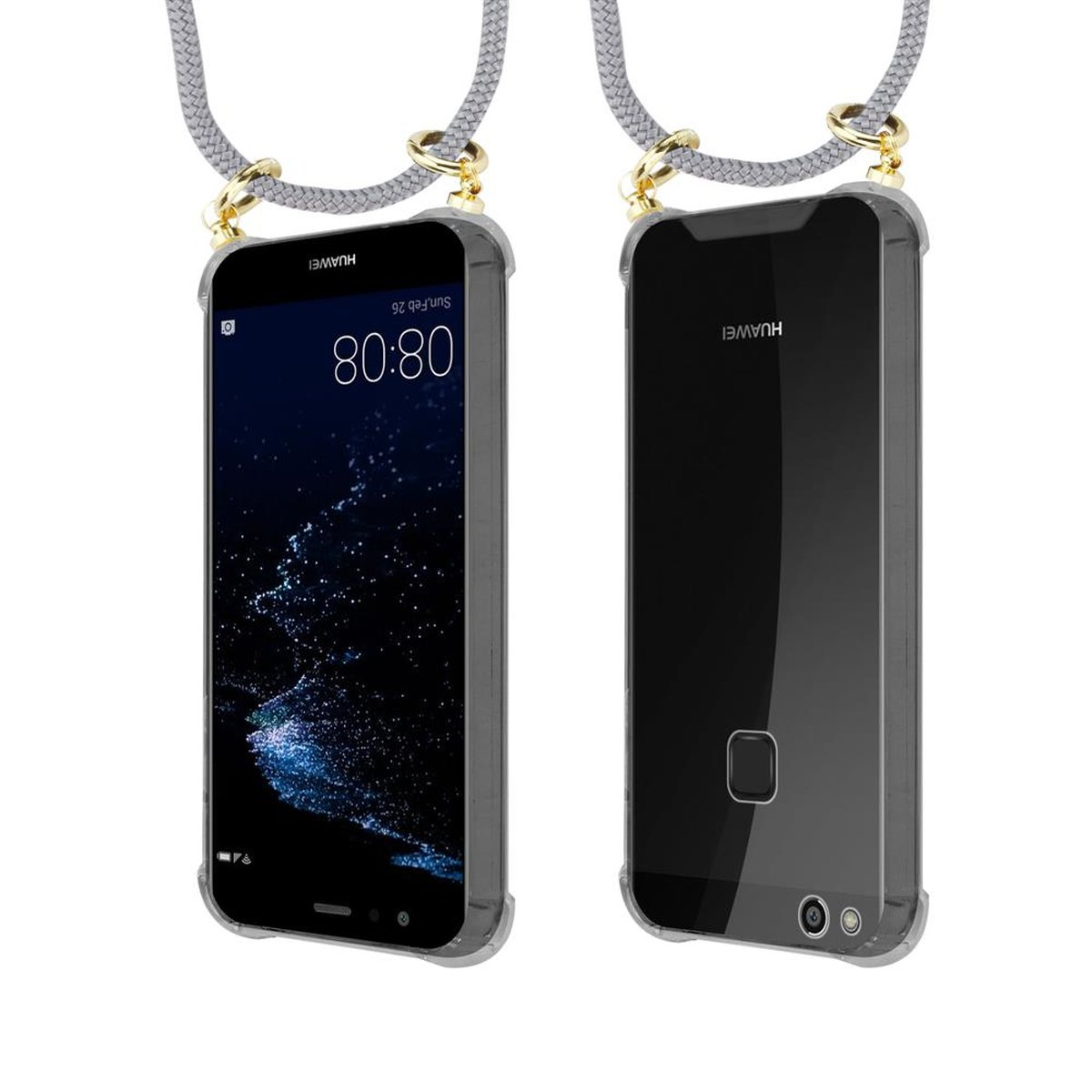 CADORABO Handy Kette mit P10 Backcover, Hülle, Gold GRAU LITE, und Ringen, Huawei, abnehmbarer Band SILBER Kordel