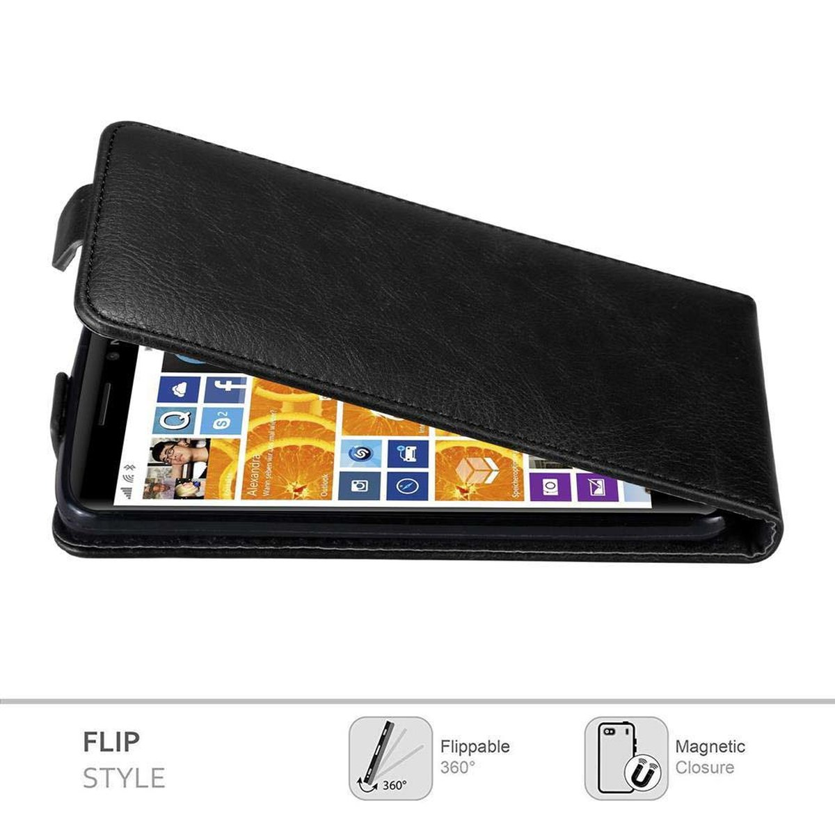 Eine schwarze, offene Handyhülle, die einen Telefonbildschirm mit Symbolen zeigt.