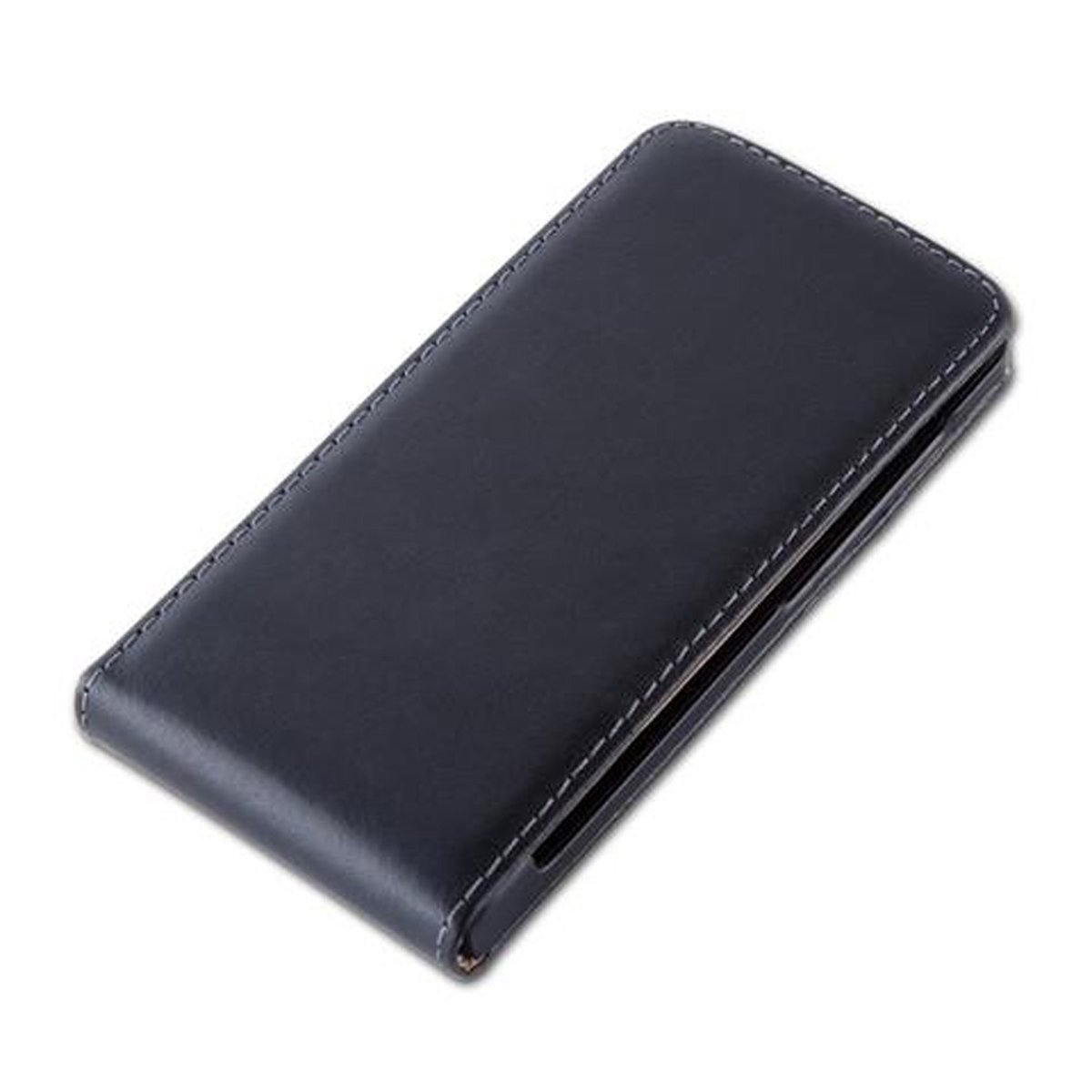 Funda de teléfono negra cerrada. Costuras blancas y fondo.