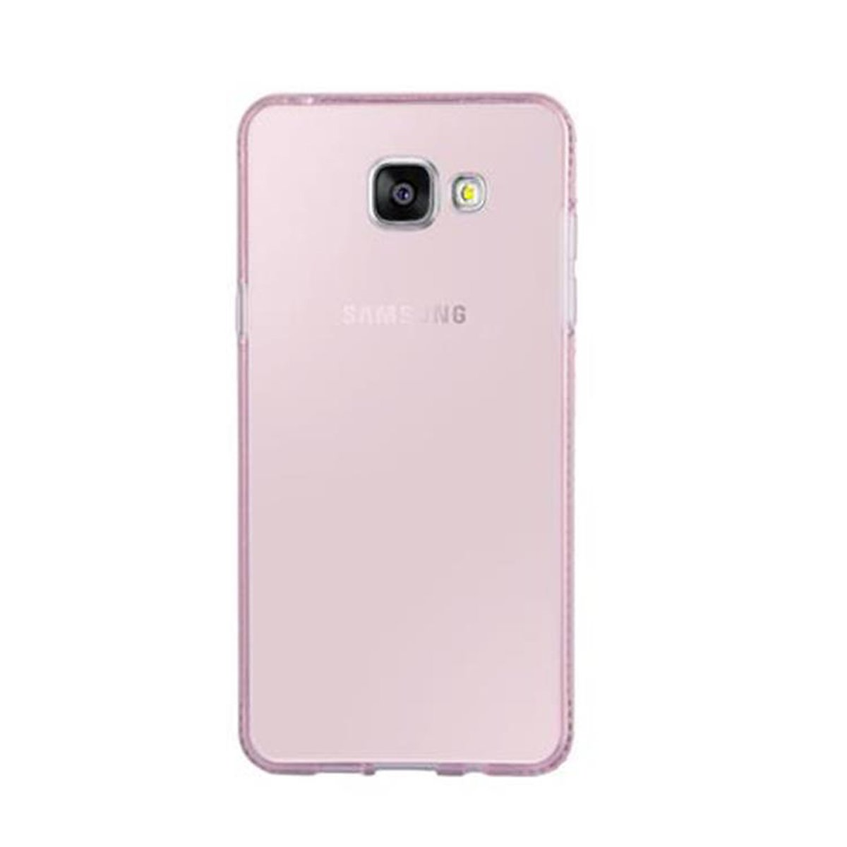Custodia rosa per telefono, lati trasparenti, con fotocamera e logo Samsung.