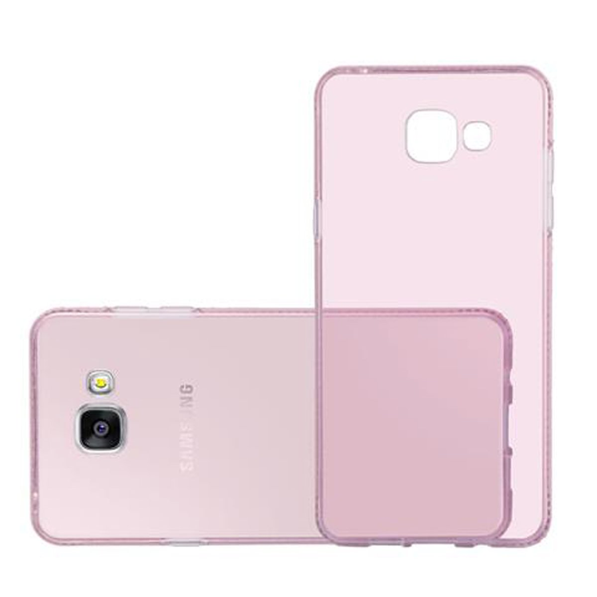Custodia rosa per telefono con il telefono all'interno. Il telefono è rosa con il logo Samsung.