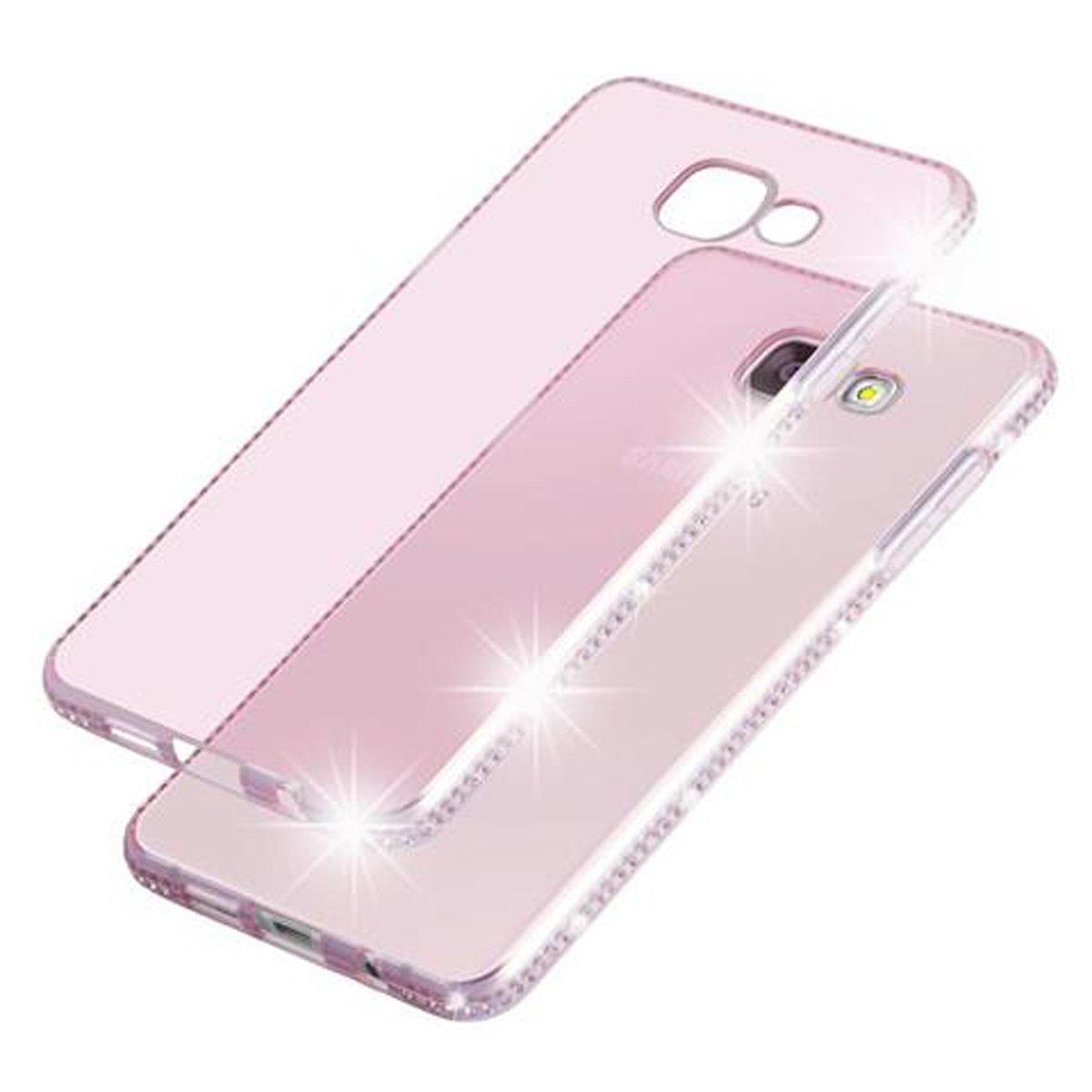 Custodie per telefono rosa con cristalli scintillanti. Una è trasparente, l'altra solida.