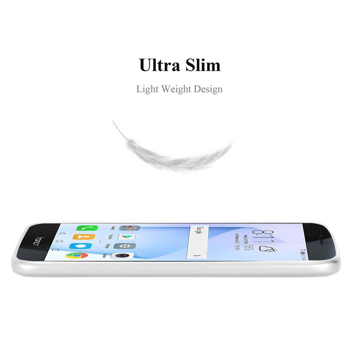Telefon auf der Seite, mit Feder und Text: Ultra Slim.