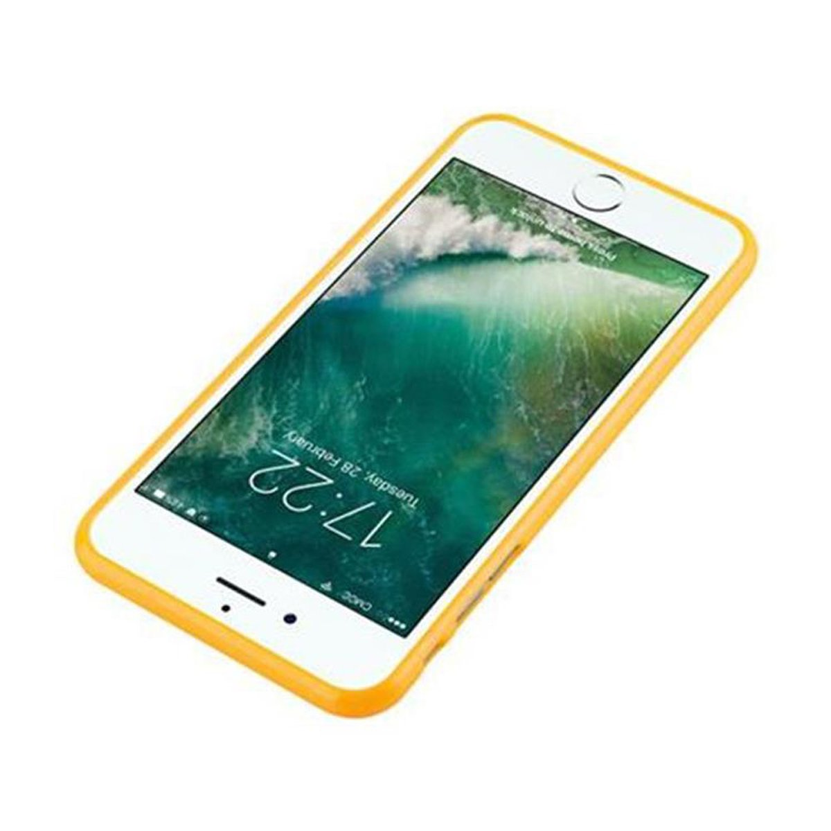 Uno smartphone in una custodia gialla, con uno sfondo di spiaggia.