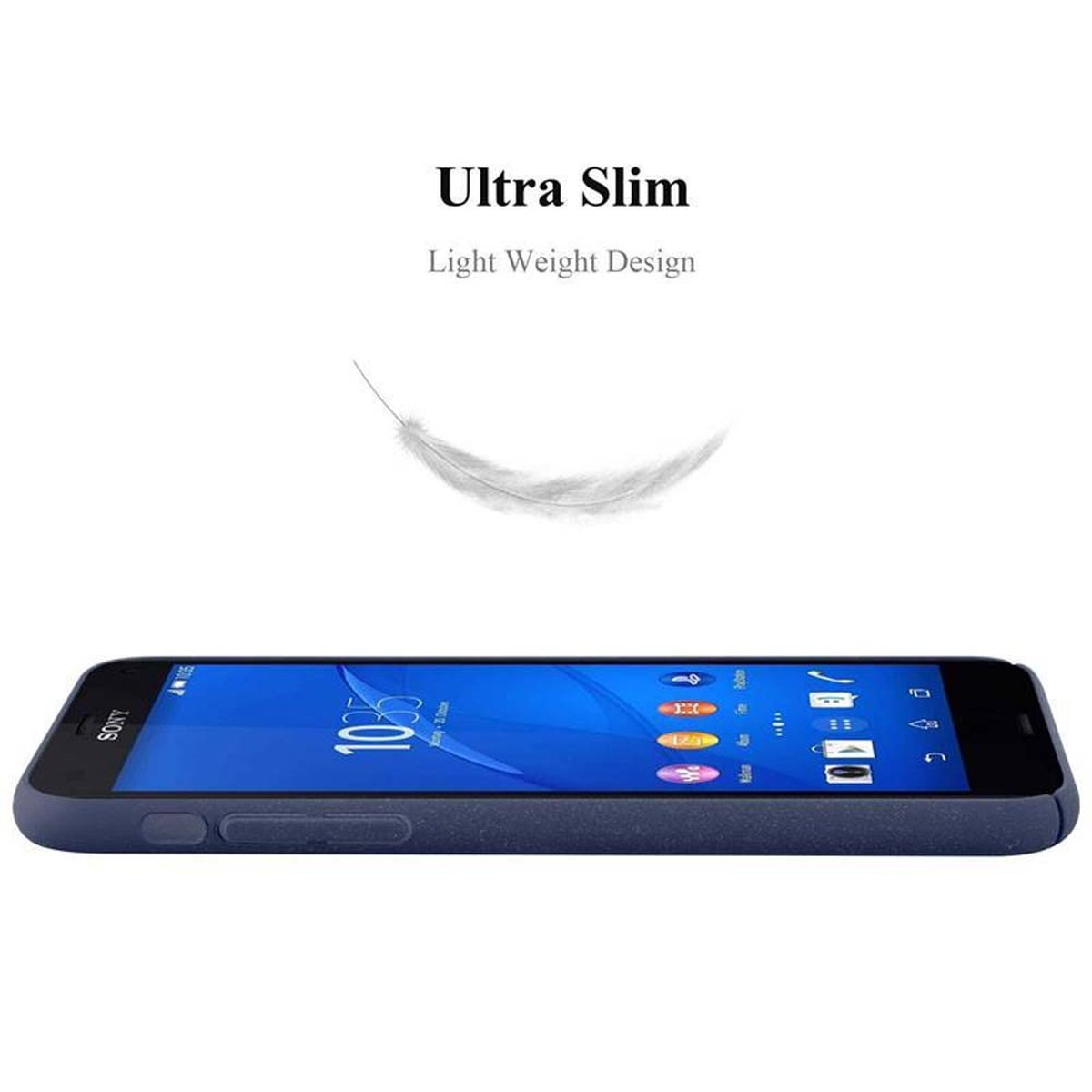 Ein blaues Telefon in einer Hülle mit dem Text "Ultra Slim" und einer Federgrafik.
