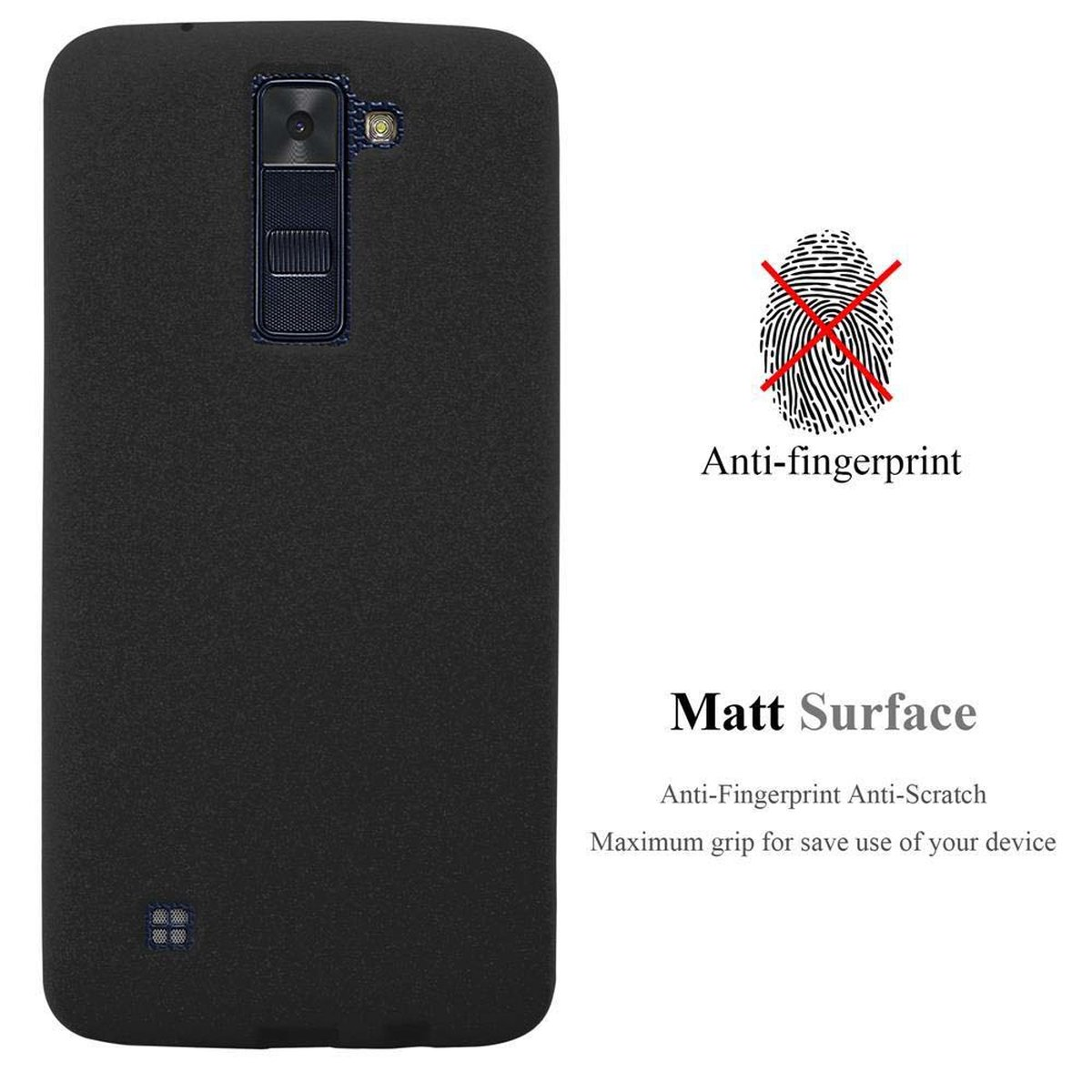 Una custodia nera per telefono con testo anti-impronte digitali viene mostrata su sfondo bianco, con una grafica di impronte digitali.