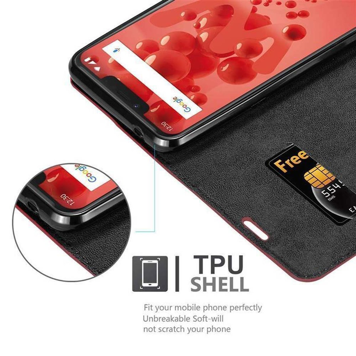 Handyhülle mit Telefon, SIM-Karte und Text, der TPU-Schale anzeigt.