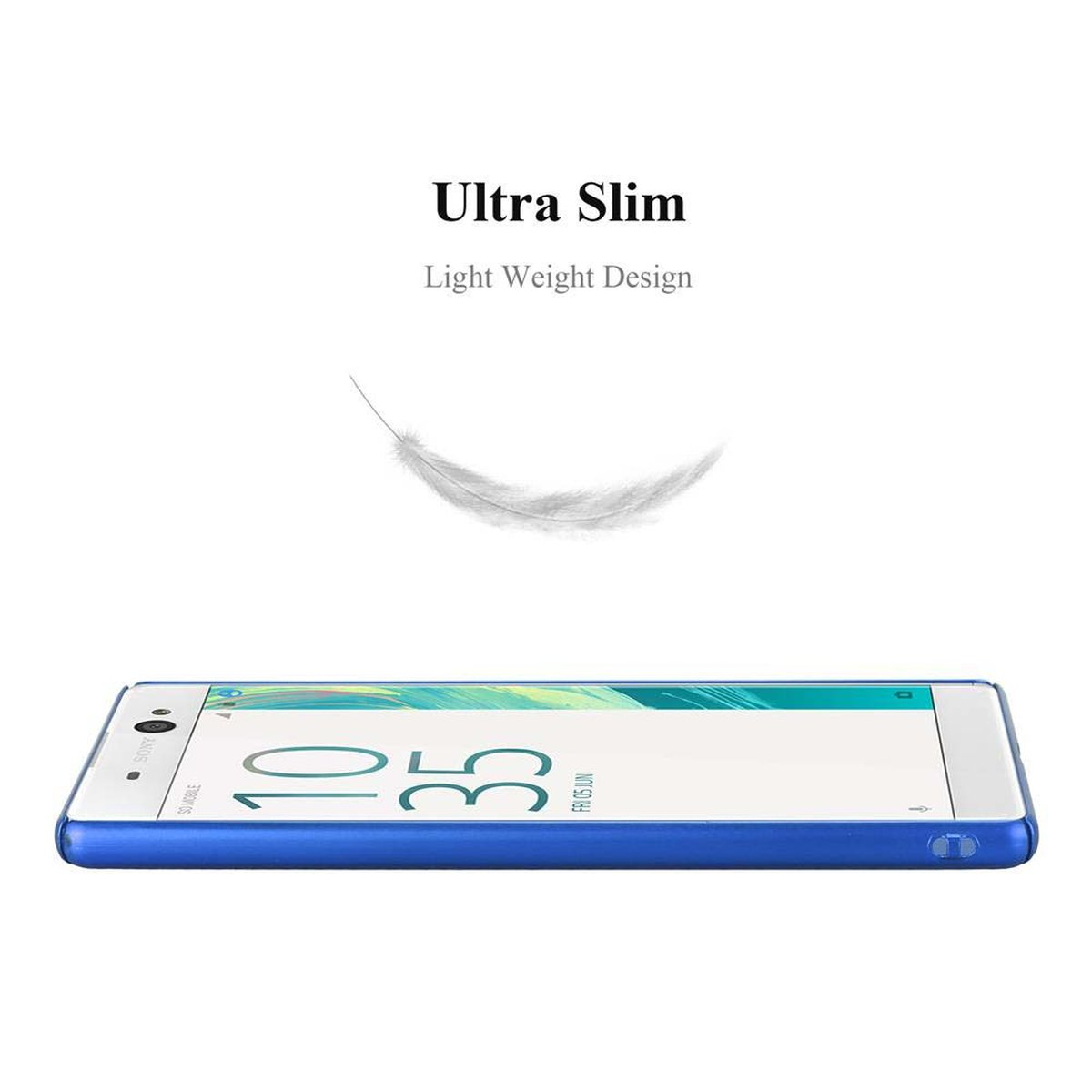 Uno smartphone blu, visto di lato, con lo schermo che mostra data e ora, e una piuma che fluttua.