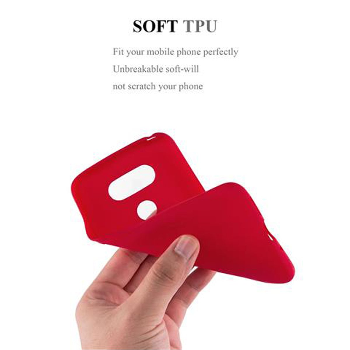 Mano che tiene una custodia rossa. Testo: SOFT TPU. La custodia è rossa e in materiale morbido.