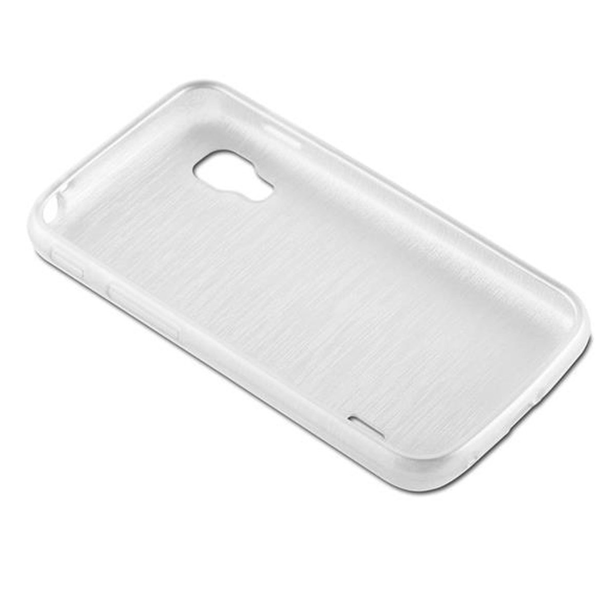 Una funda blanca para teléfono. La funda está hecha de plástico. Un agujero es visible para la cámara.