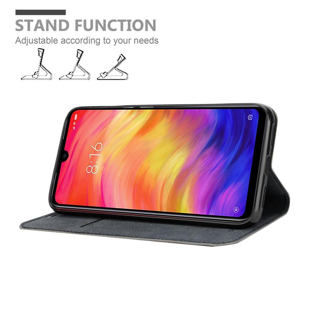 Ein Telefon in einer Hülle, aufgestellt. Text: Standfunktion. Einstellbar nach Bedarf.