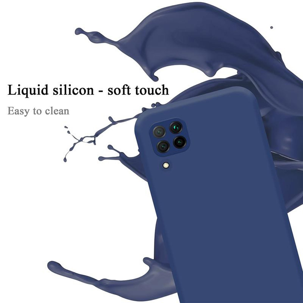 Custodia per telefono blu con schizzo di liquido. Testo: Silicone liquido - tocco morbido, facile da pulire.