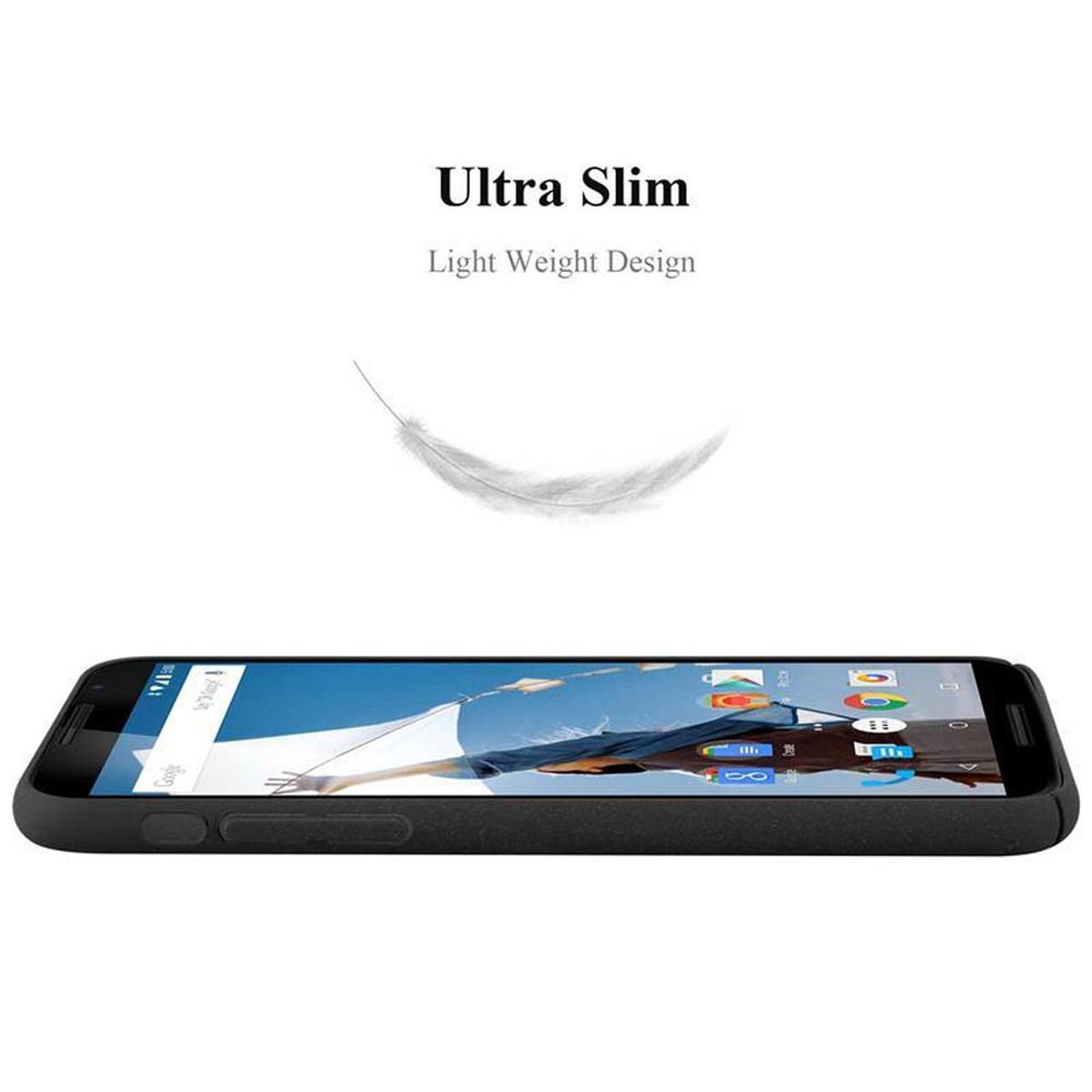 Schwarzes Telefon auf weißem Hintergrund. Eine Feder schwebt über dem Telefon.