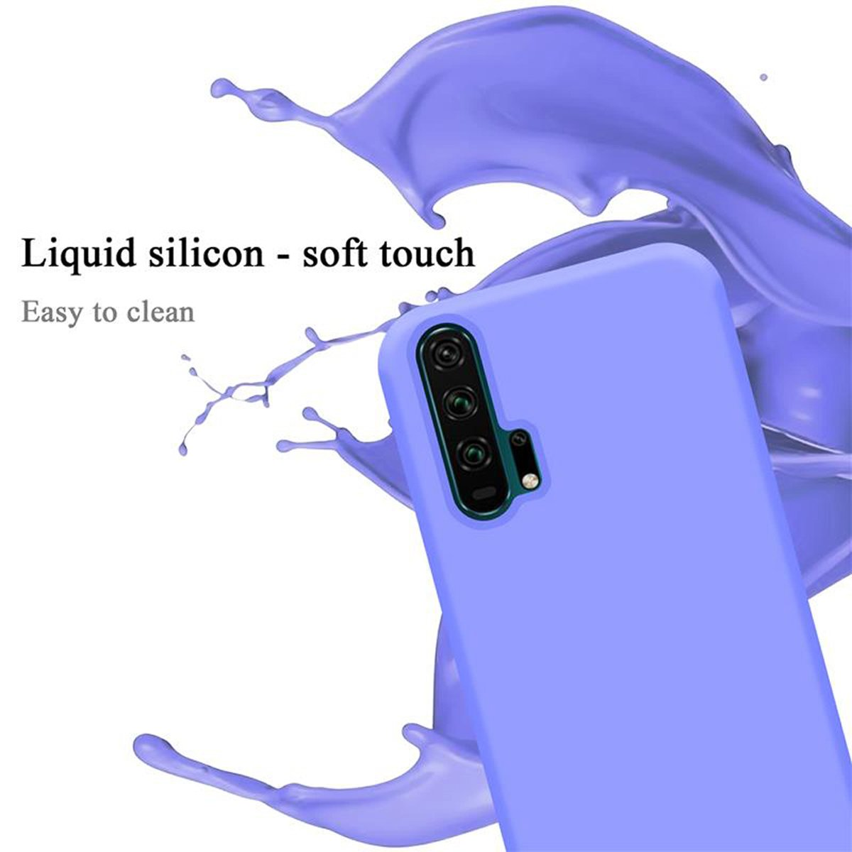 Custodia per telefono lilla con telefono all'interno. Testo silicone liquido-tocco morbido. Spruzzo di colore lilla.