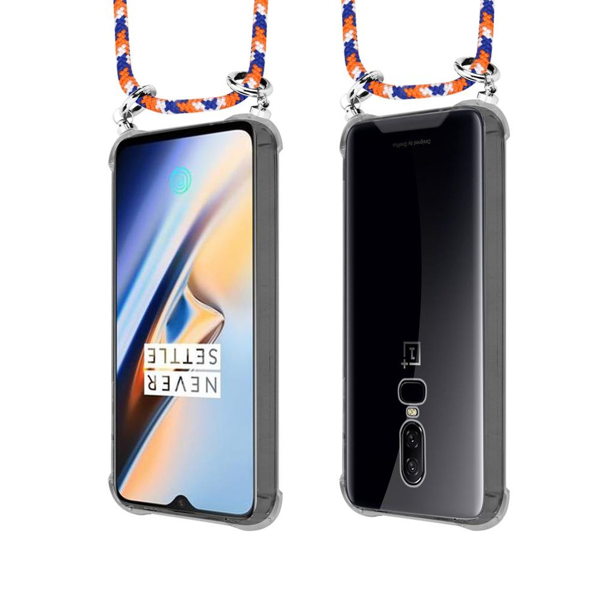 CADORABO Handy OnePlus, abnehmbarer Kette und Backcover, Kordel mit Band ORANGE Ringen, BLAU Silber 6, Hülle, WEIß