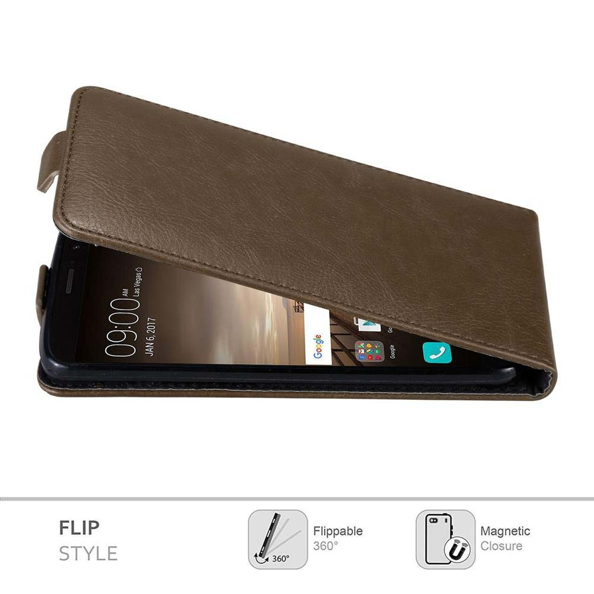 Braune Flip-Handyhülle, offen, mit Telefon, das die Google-Suchleiste anzeigt.