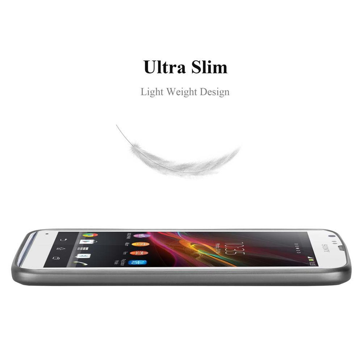 Un teléfono en una funda, con el texto "Ultra Slim" y un gráfico de pluma arriba.