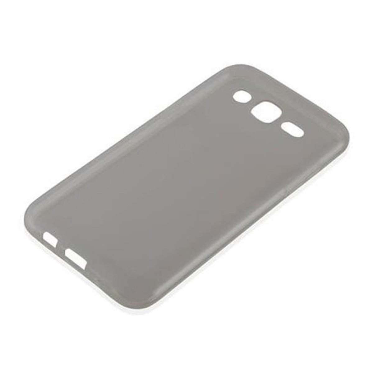 Una custodia grigia per telefono con fori per fotocamera e porte.