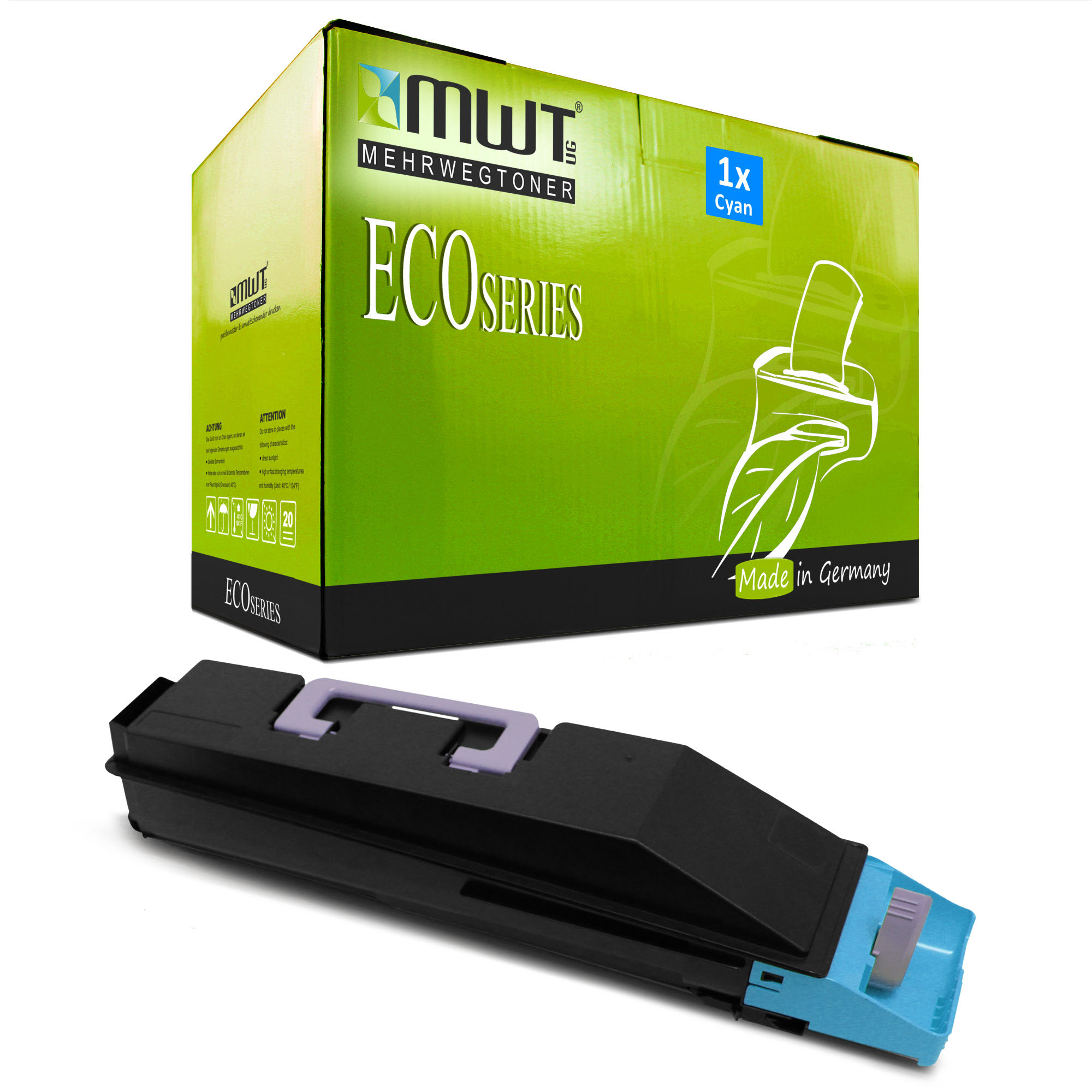 Zyan-Tintenpatrone unter einer grün-weißen Box. Auf der Box steht ECO SERIES und MADE IN GERMANY.
