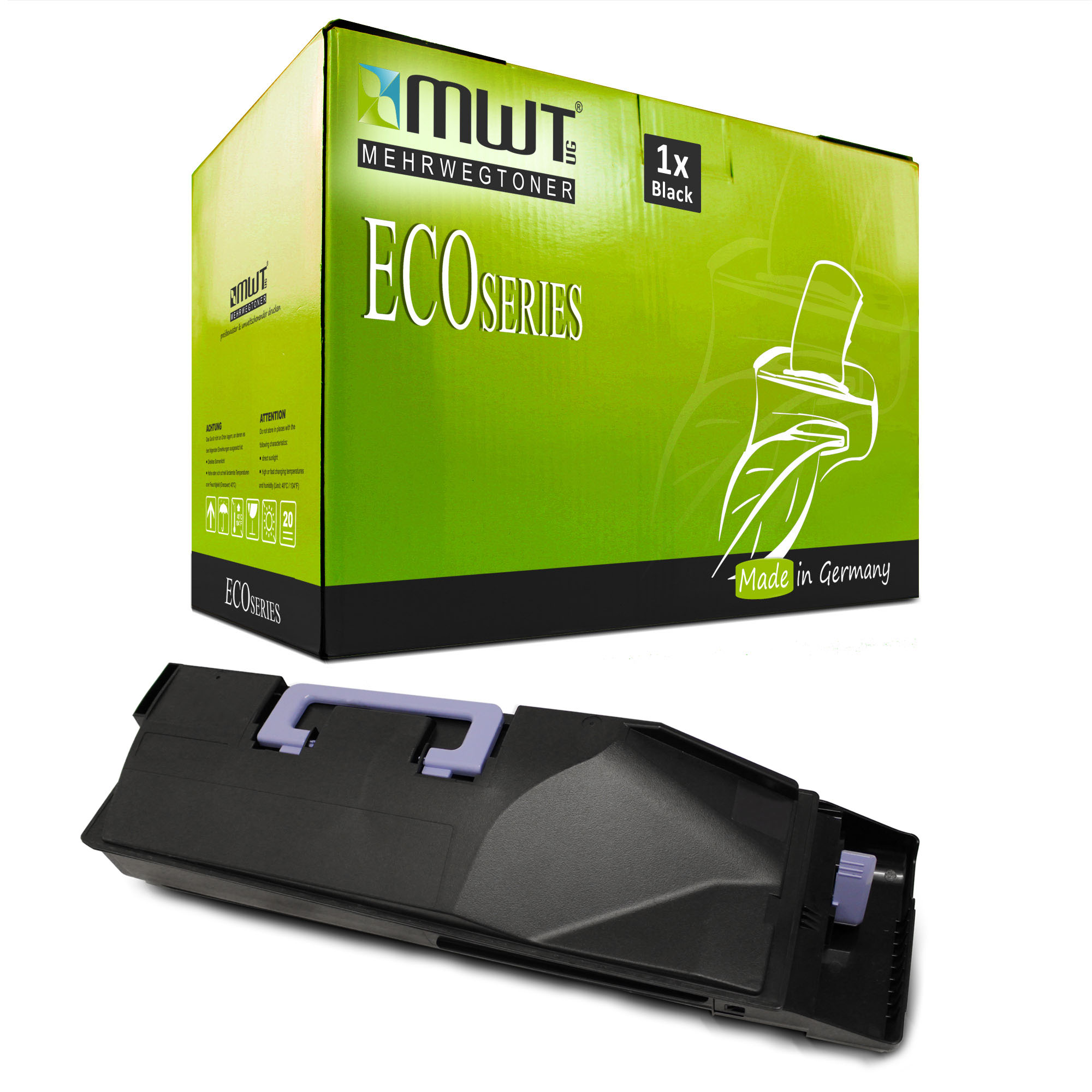 Schwarze Tonerkartusche und eine grüne Schachtel mit Text. Auf der Schachtel steht ECOSERIES.