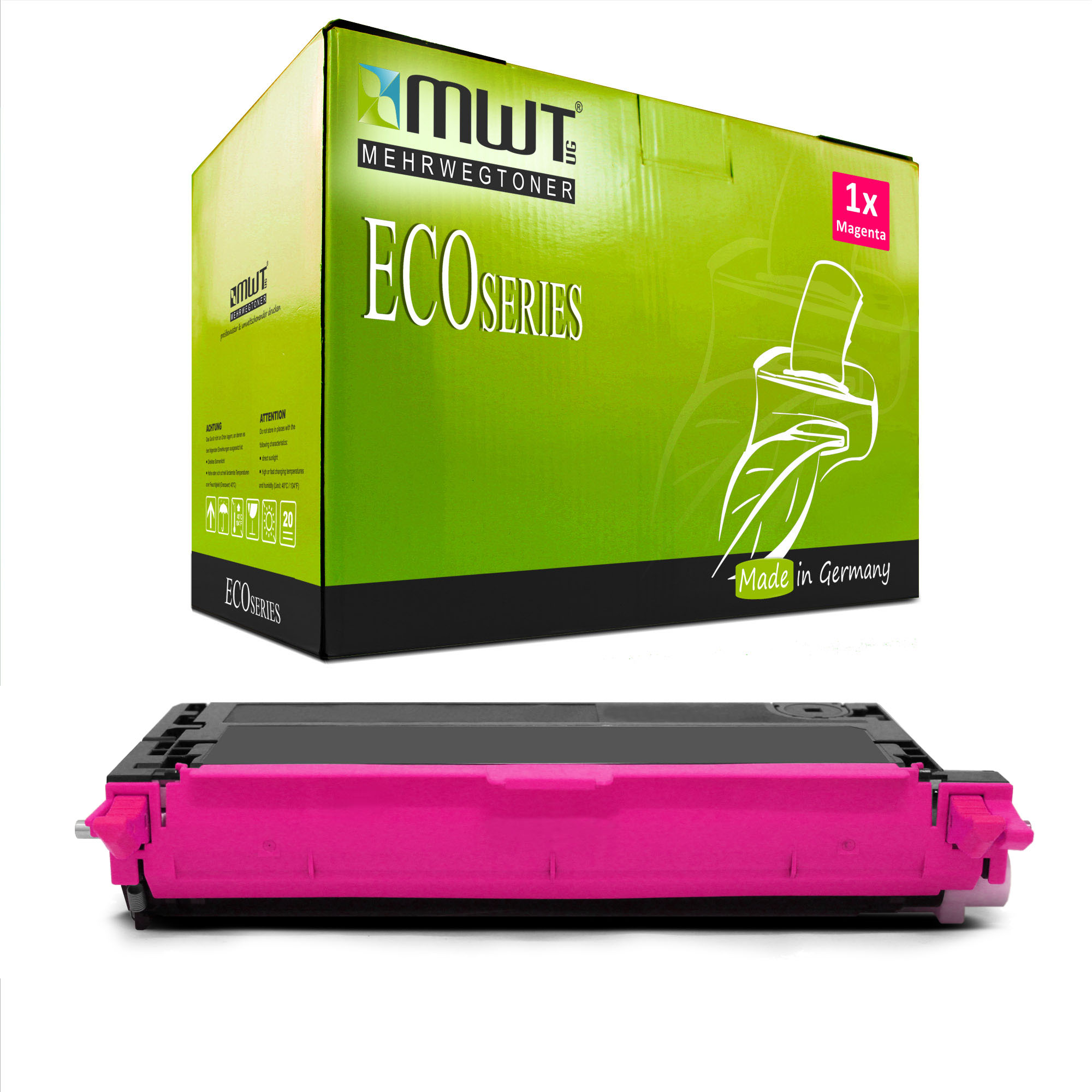 Magenta Toner und grüne Box mit ECO SERIES Text.