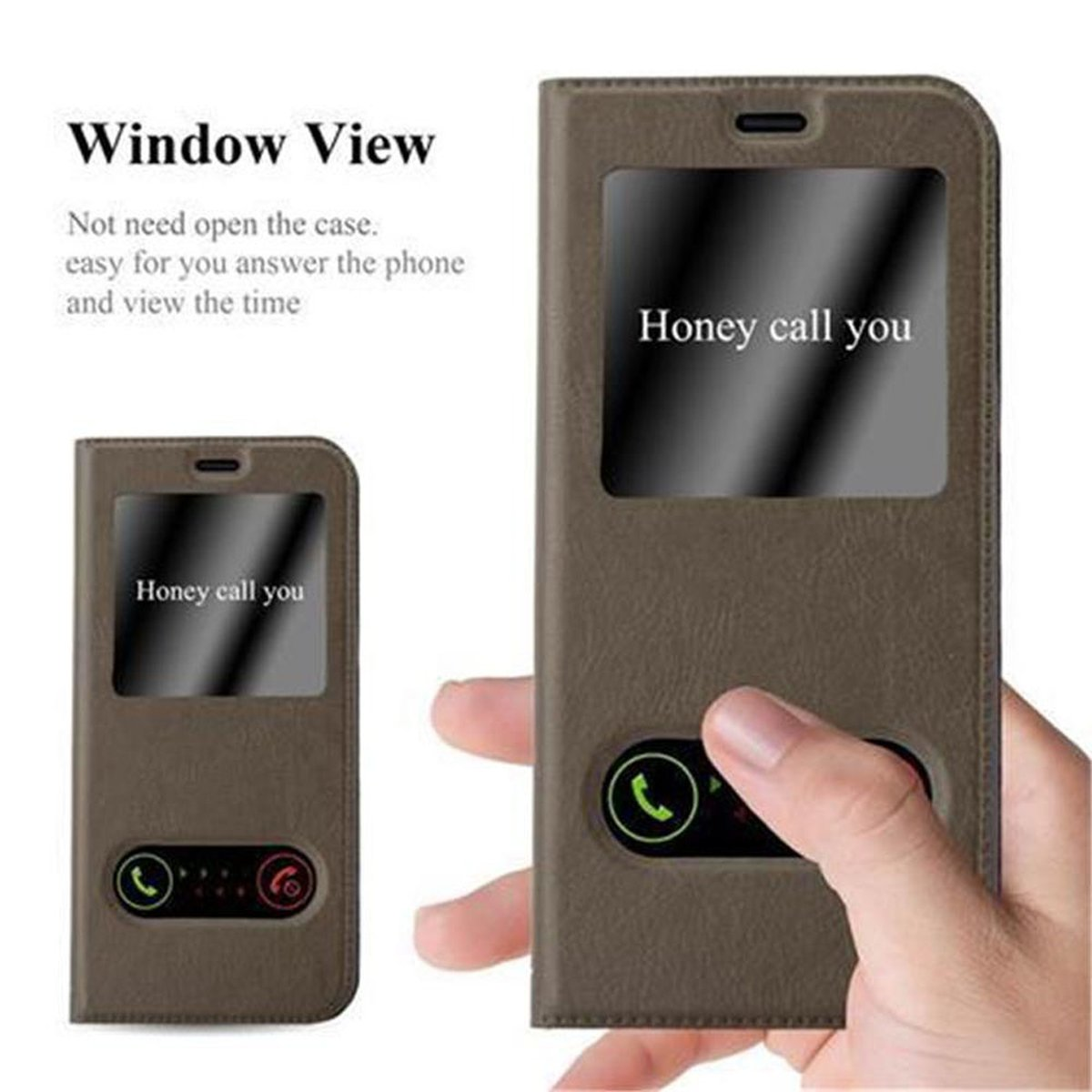 Funda de teléfono marrón con ventana. Teléfono visible. Texto 'Honey call you'. Funda sujeta con la mano.