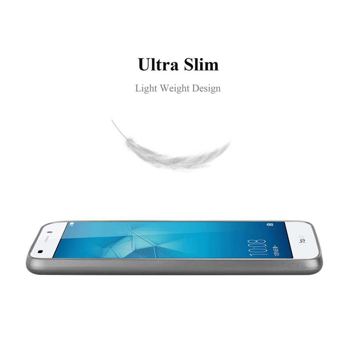 Custodia per telefono argentata con piuma e testo, Ultra Slim Light Weight Design su sfondo bianco.