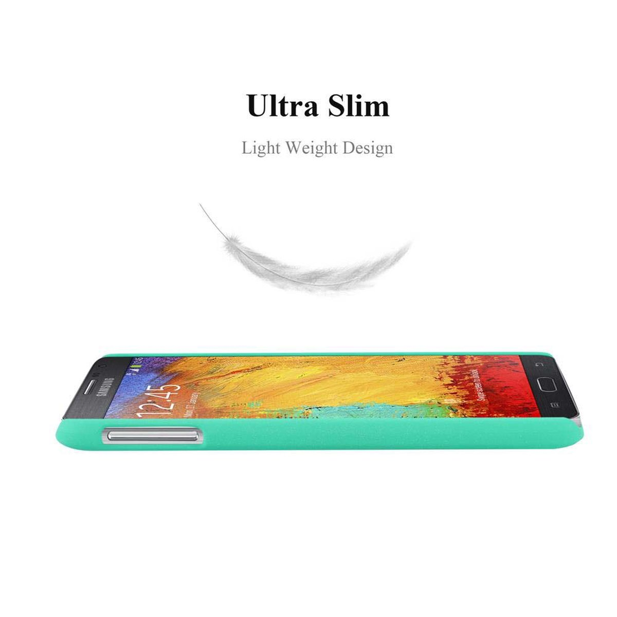 Minzgrüne Handyhülle mit Telefon darin. Text oben sagt 'Ultra Slim'. Eine Federgrafik befindet sich über dem Telefon.