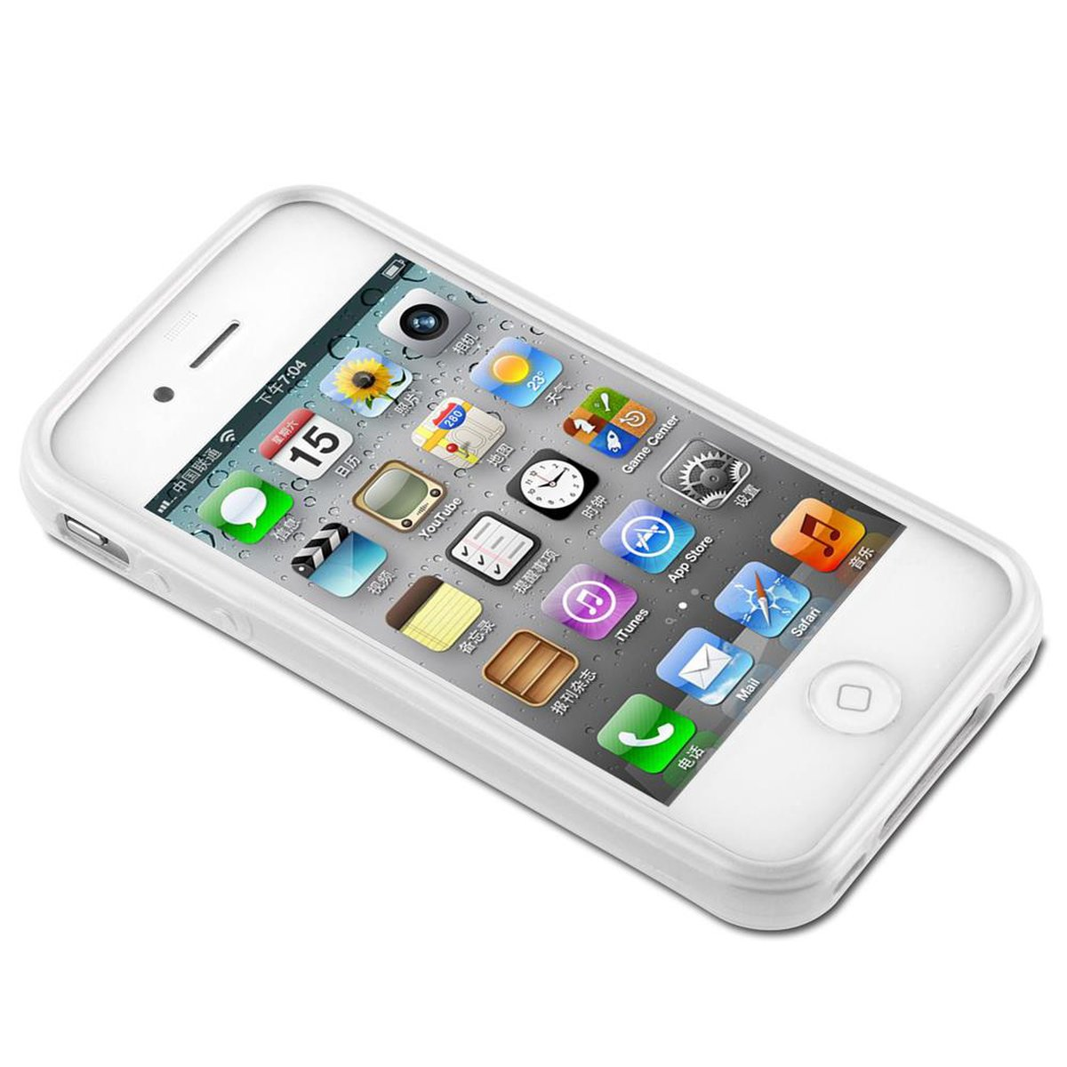 Weißes Telefon in weißer Hülle, mit Apps auf dem Bildschirm. Das Telefon ist auf weißem Untergrund abgewinkelt.