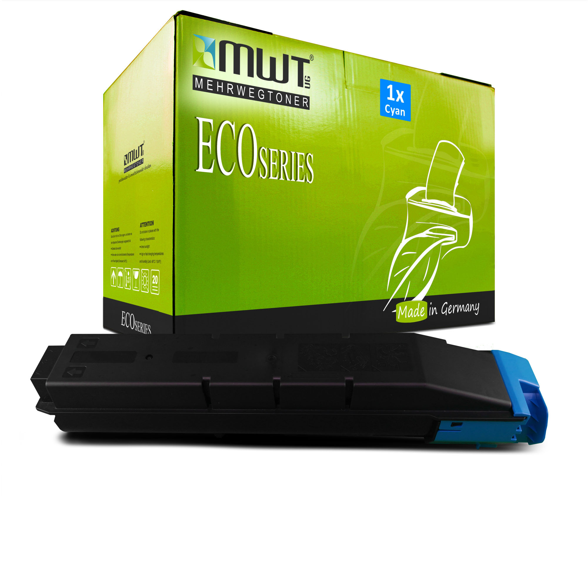 Cyan-Tintenpatrone in Box, grün und weiß. Liest 'ECOSERIES' und 'Made in Germany'. Weißer Hintergrund.