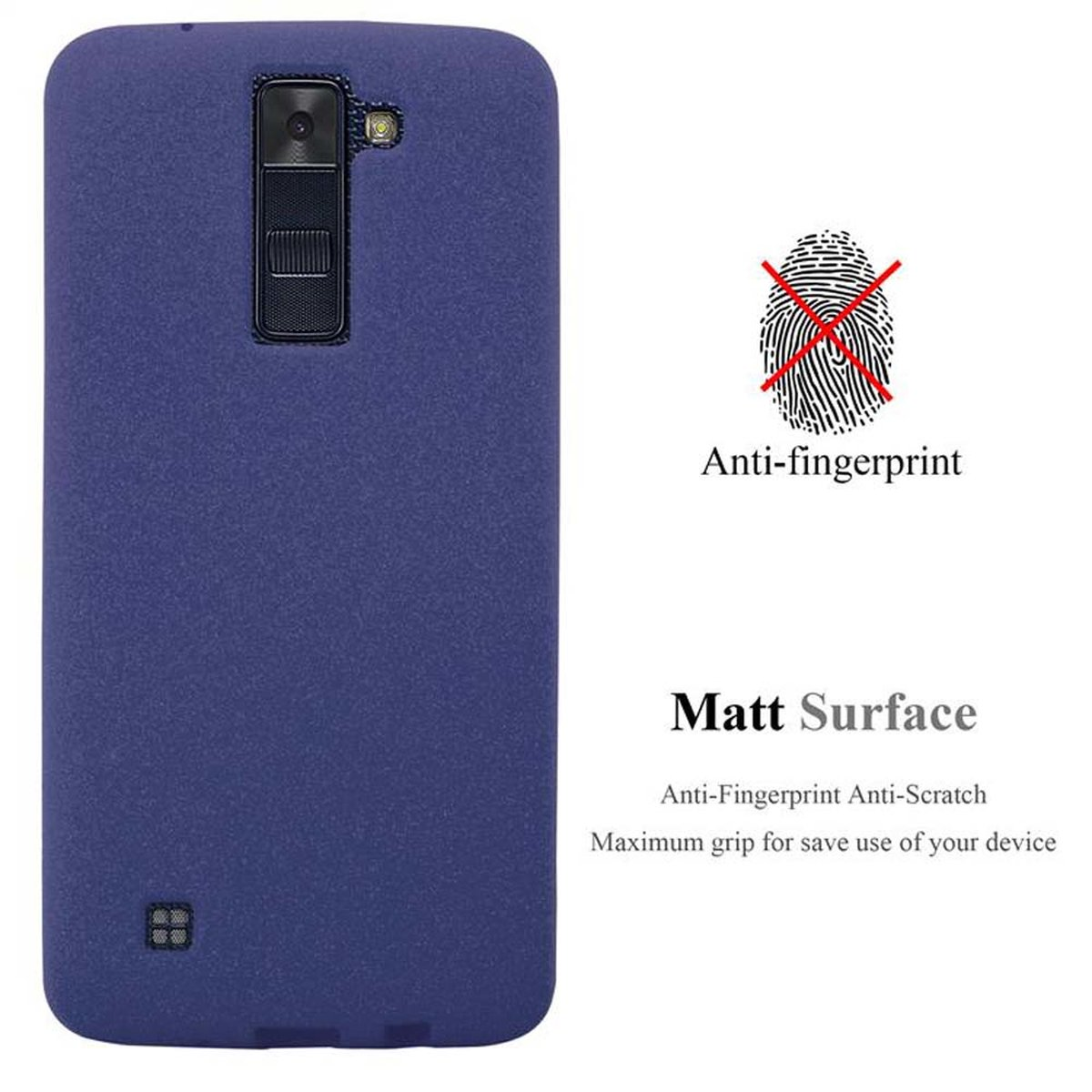 Una custodia per telefono blu scuro con superficie opaca. Il testo Anti-impronte digitali con un simbolo di impronta barrato è mostrato.