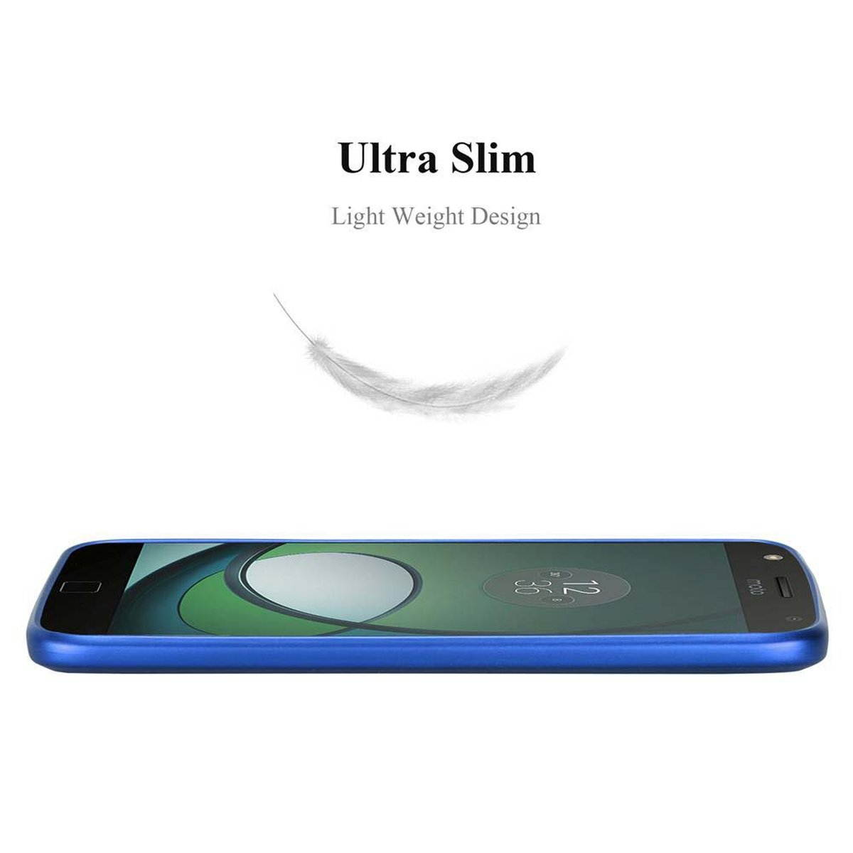 Telefono blu con custodia. Sopra, il testo dice 'Ultra Slim' e un'immagine di piuma. Lo schermo è acceso.