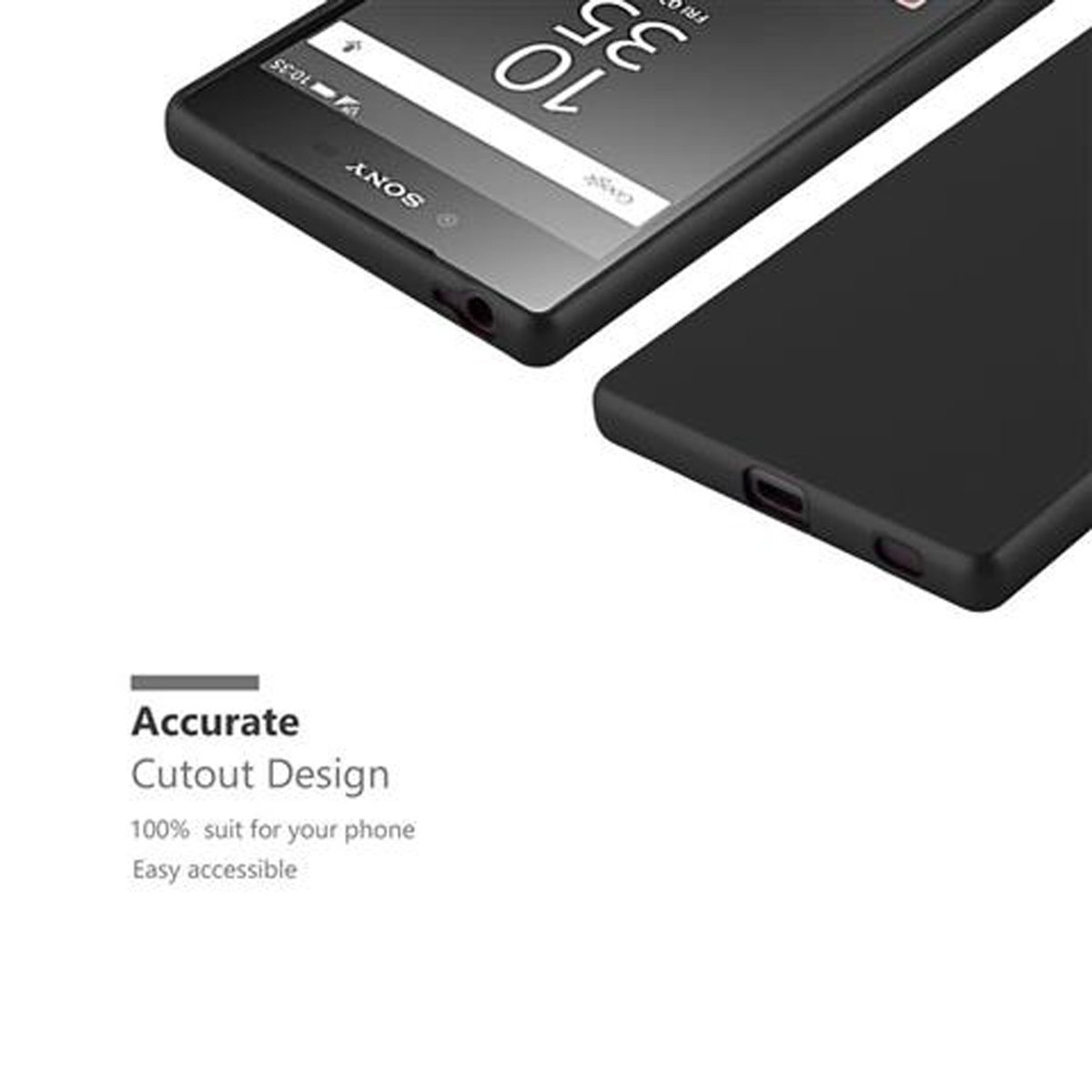 Due telefoni, uno con lo schermo acceso. Il testo sottostante recita "Accurate Cutout Design" su sfondo bianco.