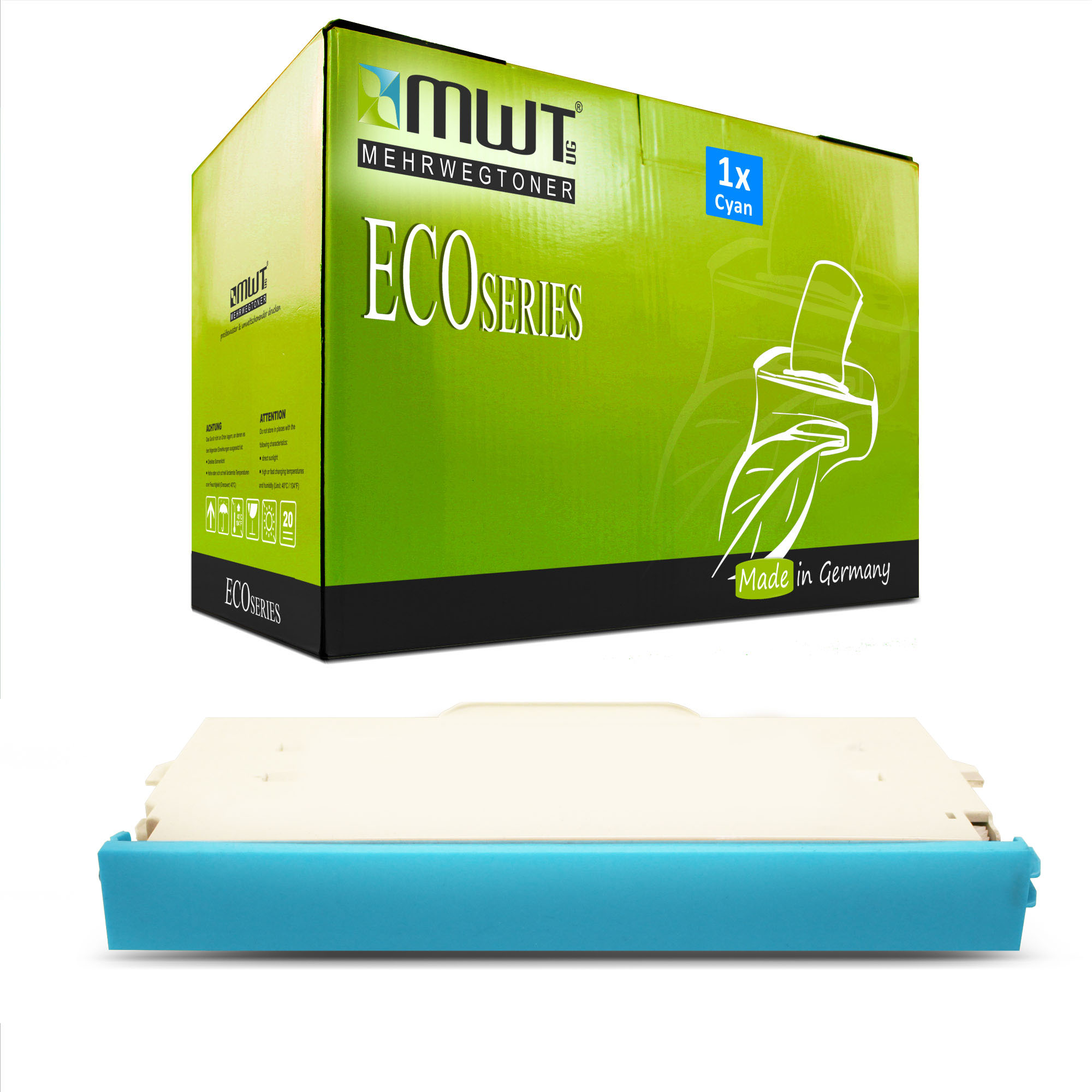 Zyan-Tintenpatrone unter einer grün-weißen Box. Auf der Box steht ECO SERIES und MADE IN GERMANY.