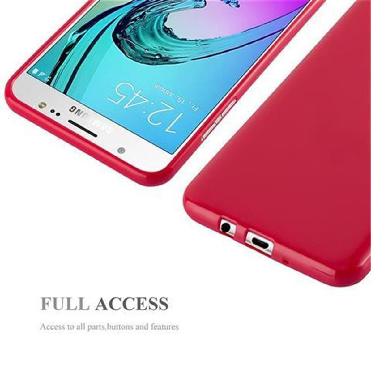 Un teléfono y una funda rojos. La pantalla del teléfono muestra la hora y algo de texto. Acceso completo está escrito.