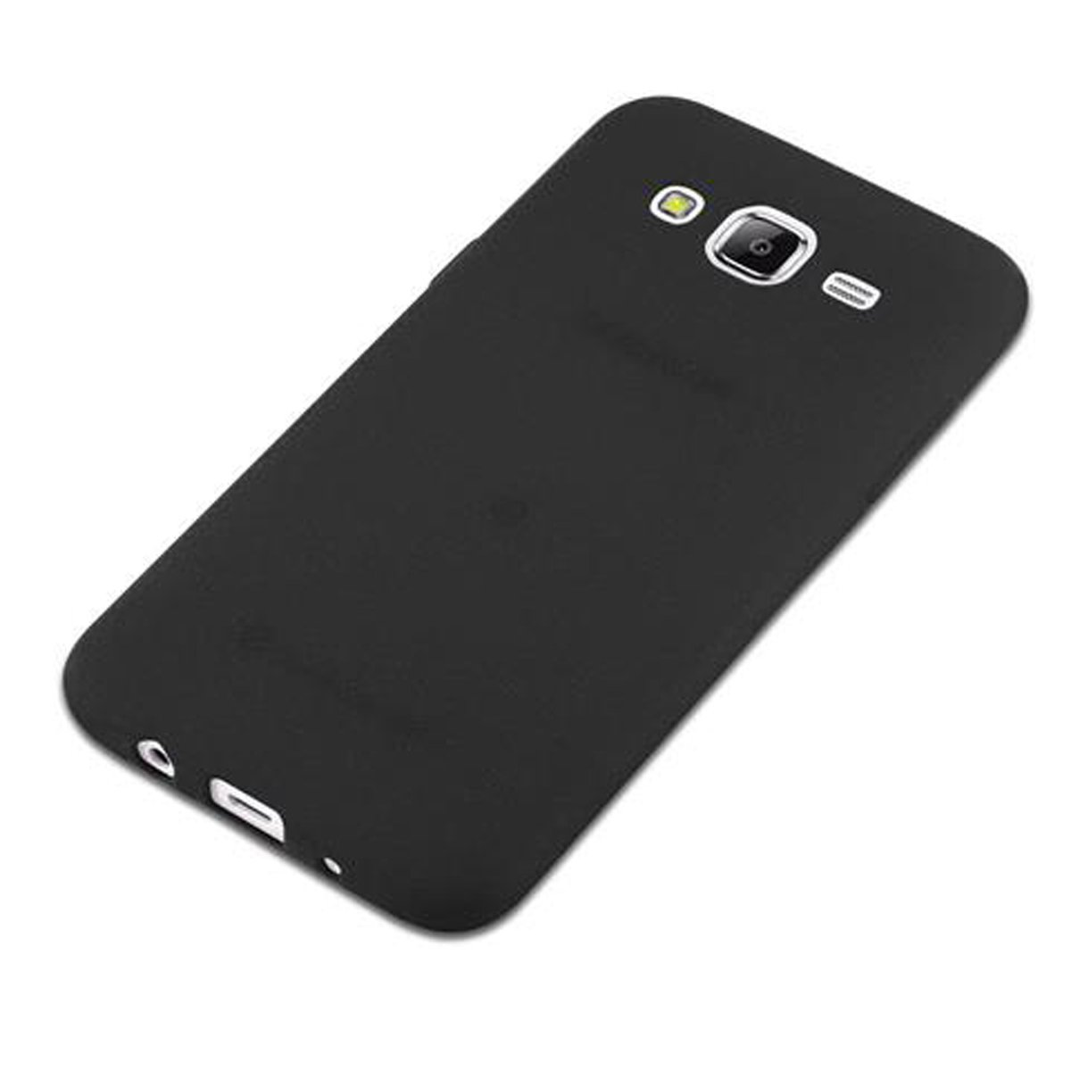 Custodia nera per telefono con fotocamera e flash. La custodia ha fori per porte e pulsanti.
