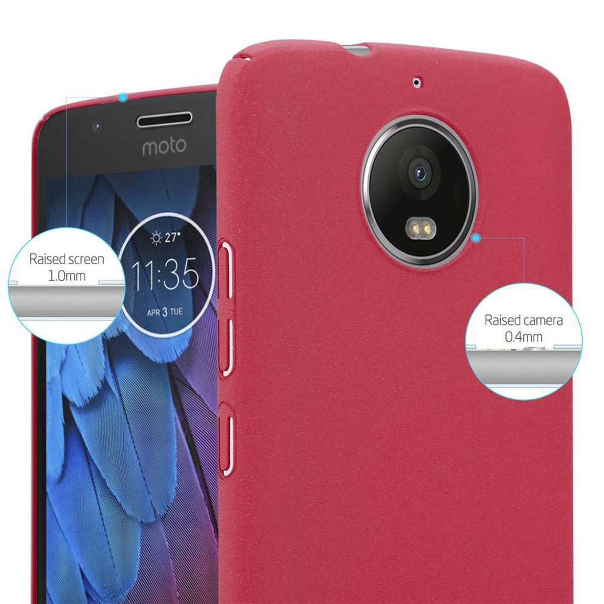 Un telefono Moto con custodia rossa, schermo e fotocamera rialzati.